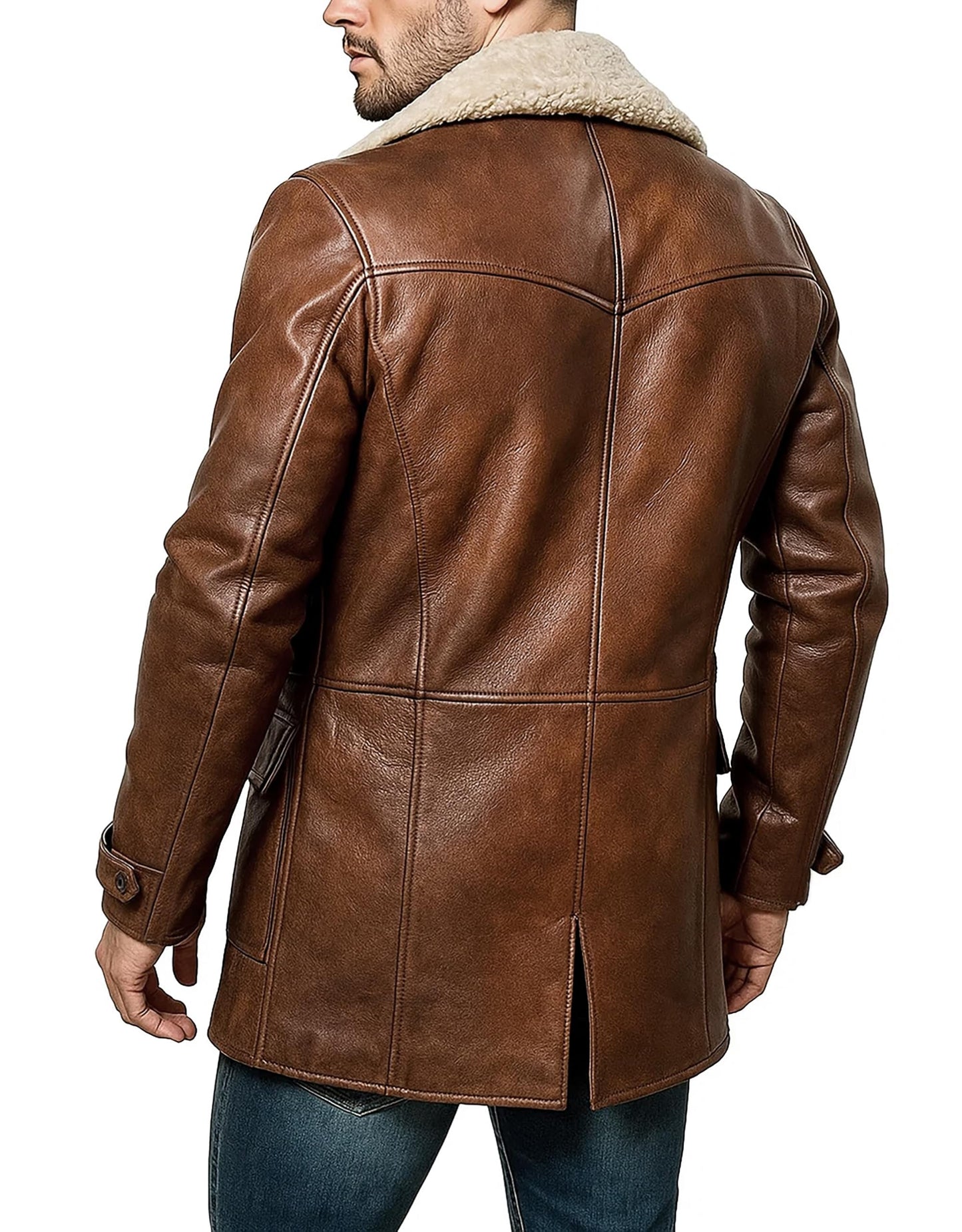 UGFashions Mens Genuine Leather Trench Coat Sheepskin Ginger Brown Faux Fur Shearling Winter Leather Pea Coat