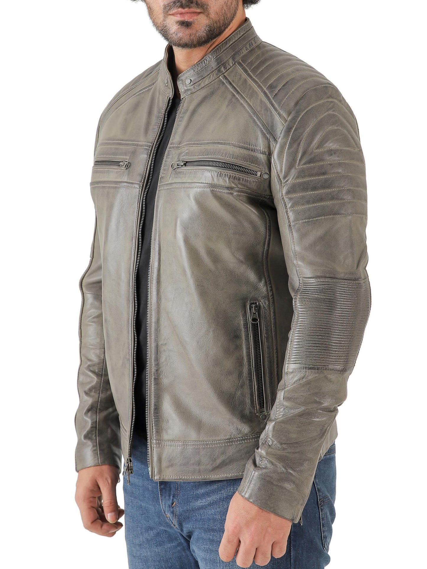 Jild Vintage Cafe Racer Leather Jacket Men - Hand Waxed Real Lambskin Leather Motorcycle Jacket (CRM-Grey-M)