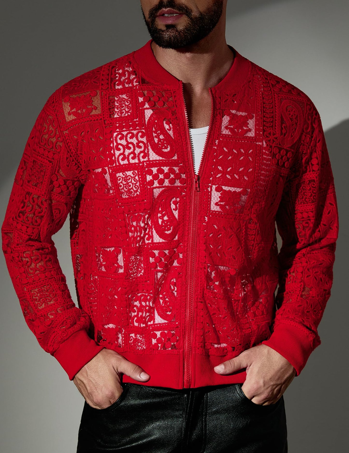 Csqopt Men's Floral Lace Zip Up Jacket Long Sleeve Crochet Sheer Coat Mesh Casual Outerwear Red M