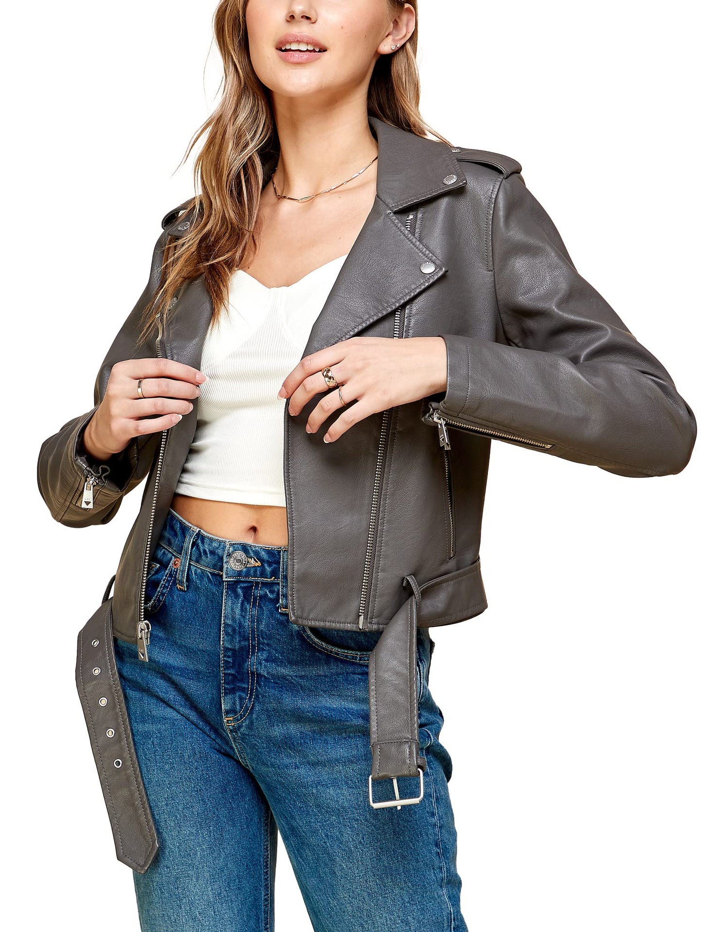Made By Johnny MBJ WJC1849 Women's Asymmetrical Faux Lether Belted Moto Jacket L Grey