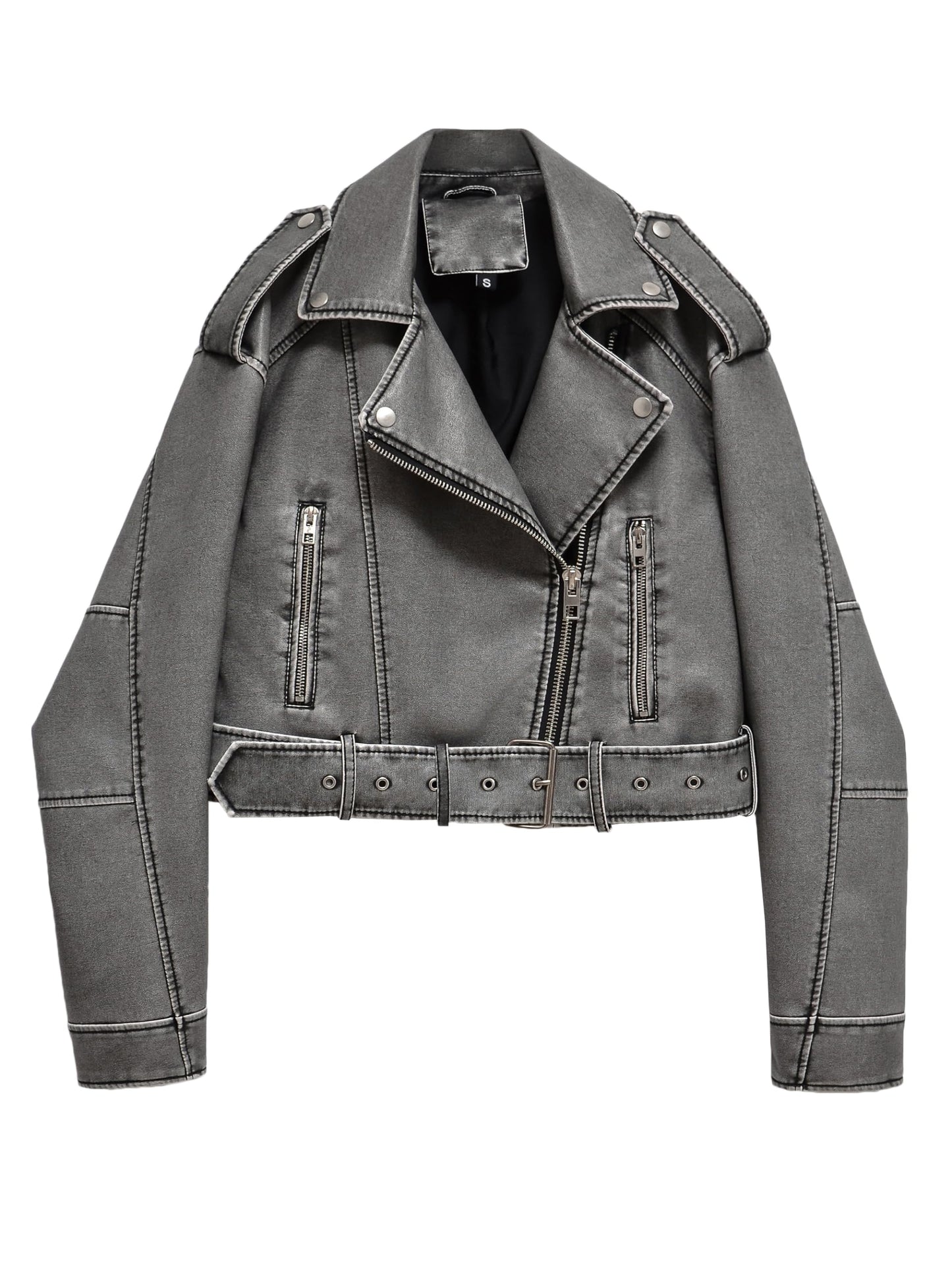 LY VAREY LIN Women Faux Leather Cropped Jacket Lapel Zipper Biker Short Coat with Belt
