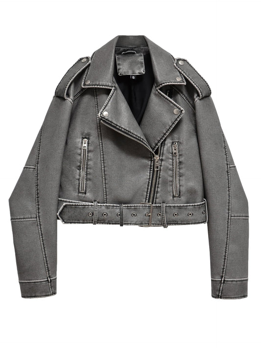 LY VAREY LIN Women Faux Leather Cropped Jacket Lapel Zipper Biker Short Coat with Belt