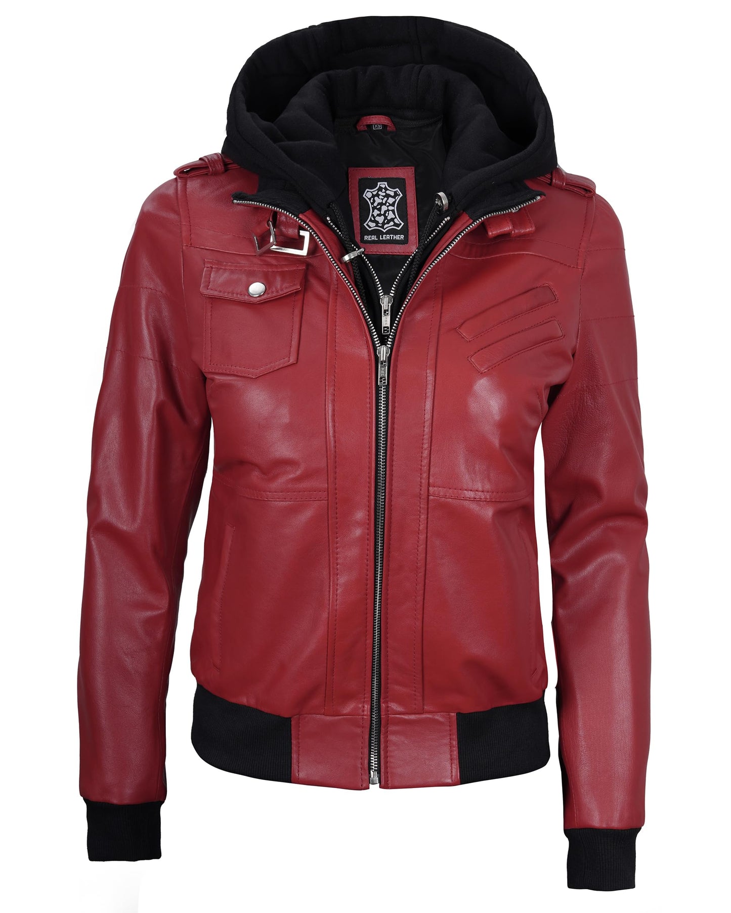 Decrum Hooded Leather Jacket - Leather Bomber Jacket for Women | [1327035] Edinburgh Red, XL