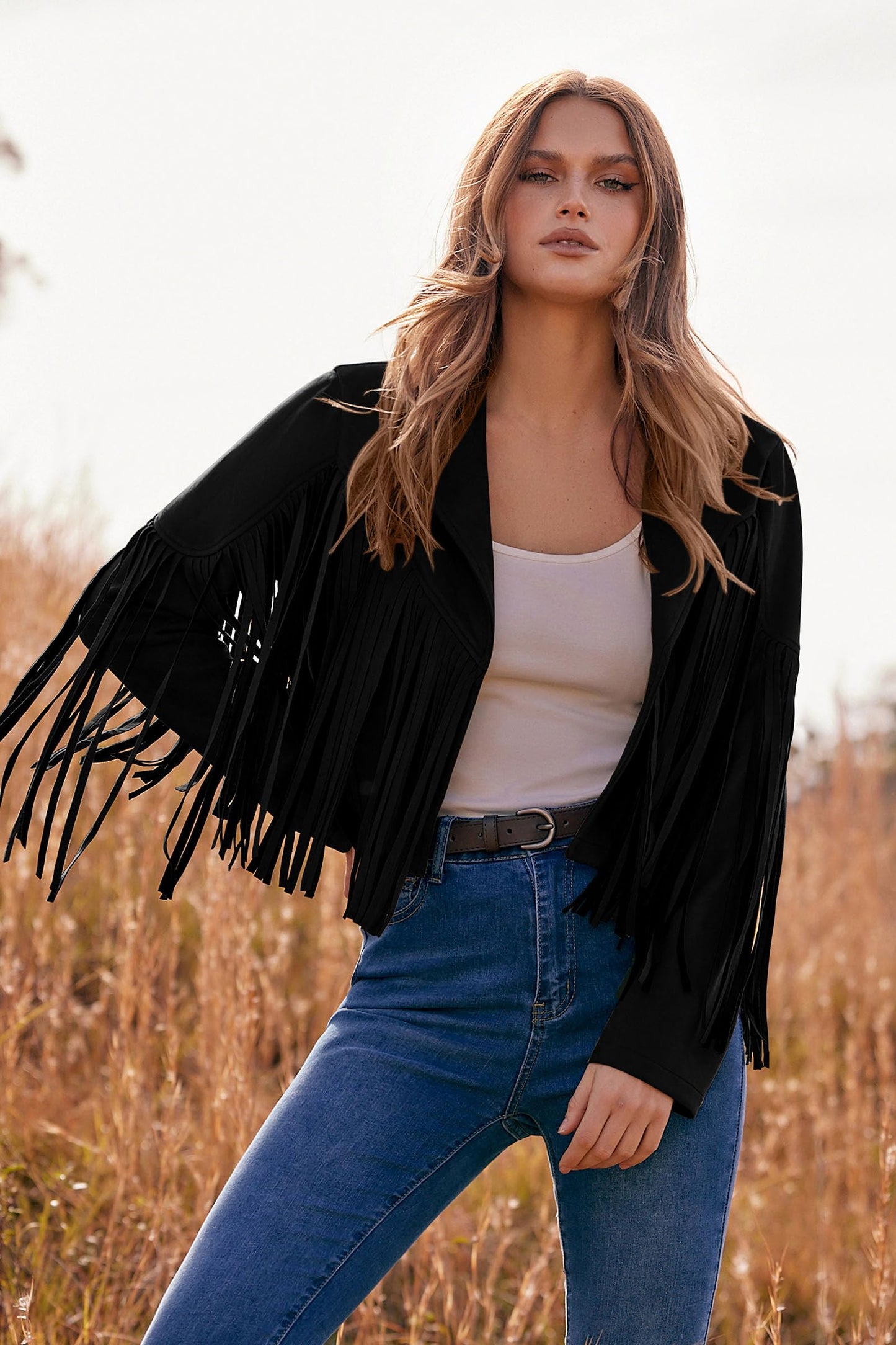 PRETTYGARDEN Women's Fringe Faux Suede Leather Jackets Fall Fashion 2025 Tassel Motorcycle Cropped Coats (Black,X-Large)