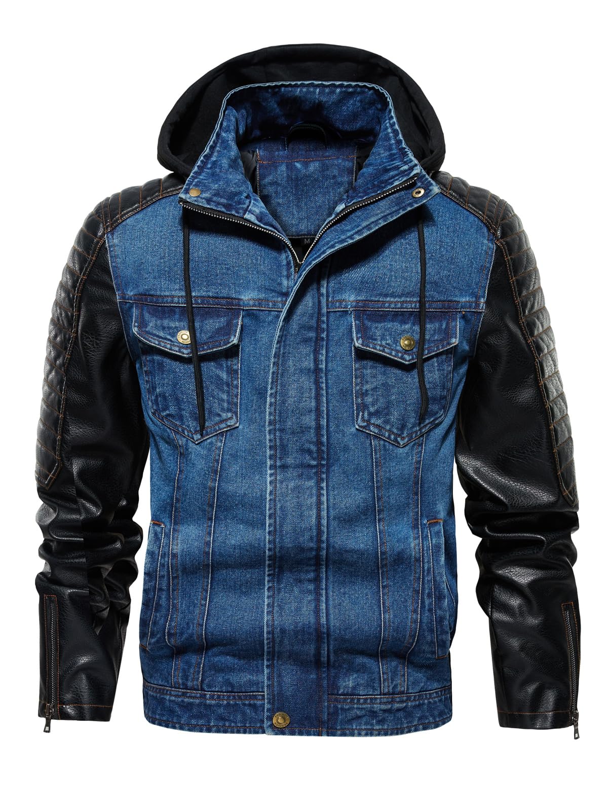 INVACHI Men’s Hooded Denim Trucker Jacket with Faux Leather Patchwork Vintage Casual Jean Wash Biker Coat