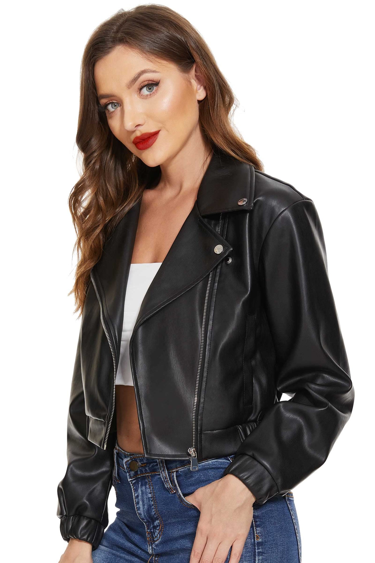 Fahsyee Faux Leather Jacket Women - Black Motorcycle Short Coat Moto Biker Blazer Plus Size Casual Pleather Jackets Fashion M