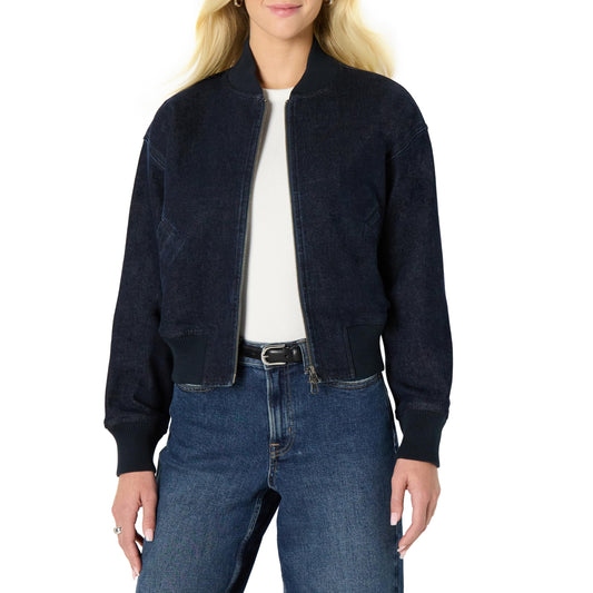 Amazon Essentials Women's Relaxed-Fit Denim Bomber Jacket, Rinse Denim, Large