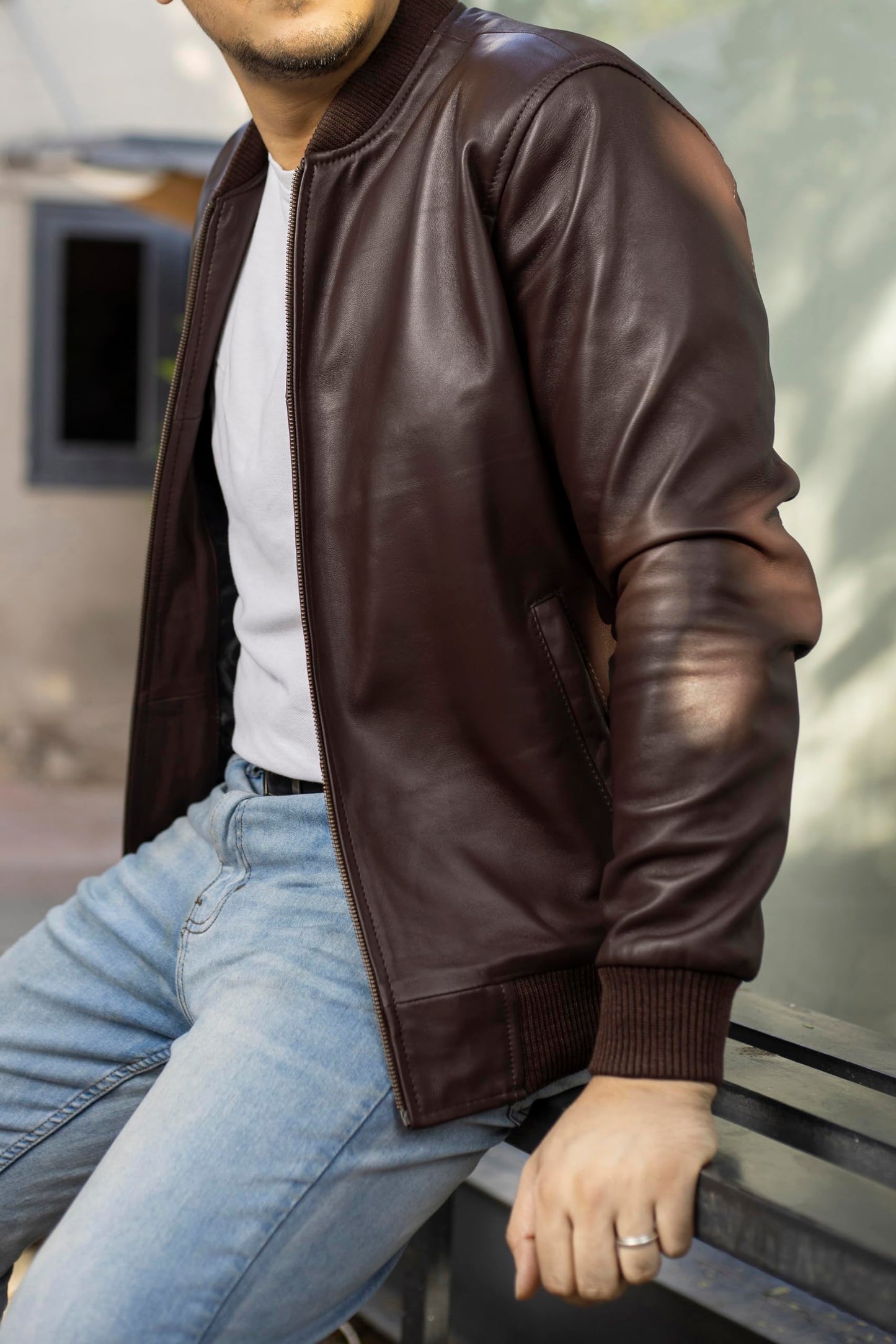 Jild Varsity Style Leather Bomber Jacket Men - Genuine Lambskin Men's Casual Fashion Classic MA-1 Leather Jacket (Rib-Brn-M)