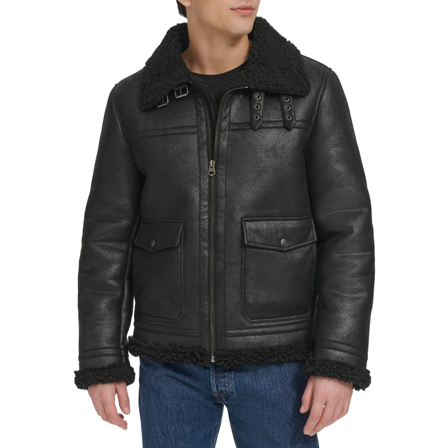 Levi's Men's Faux Shearling Rancher Aviator Jacket, Black Solid, Large