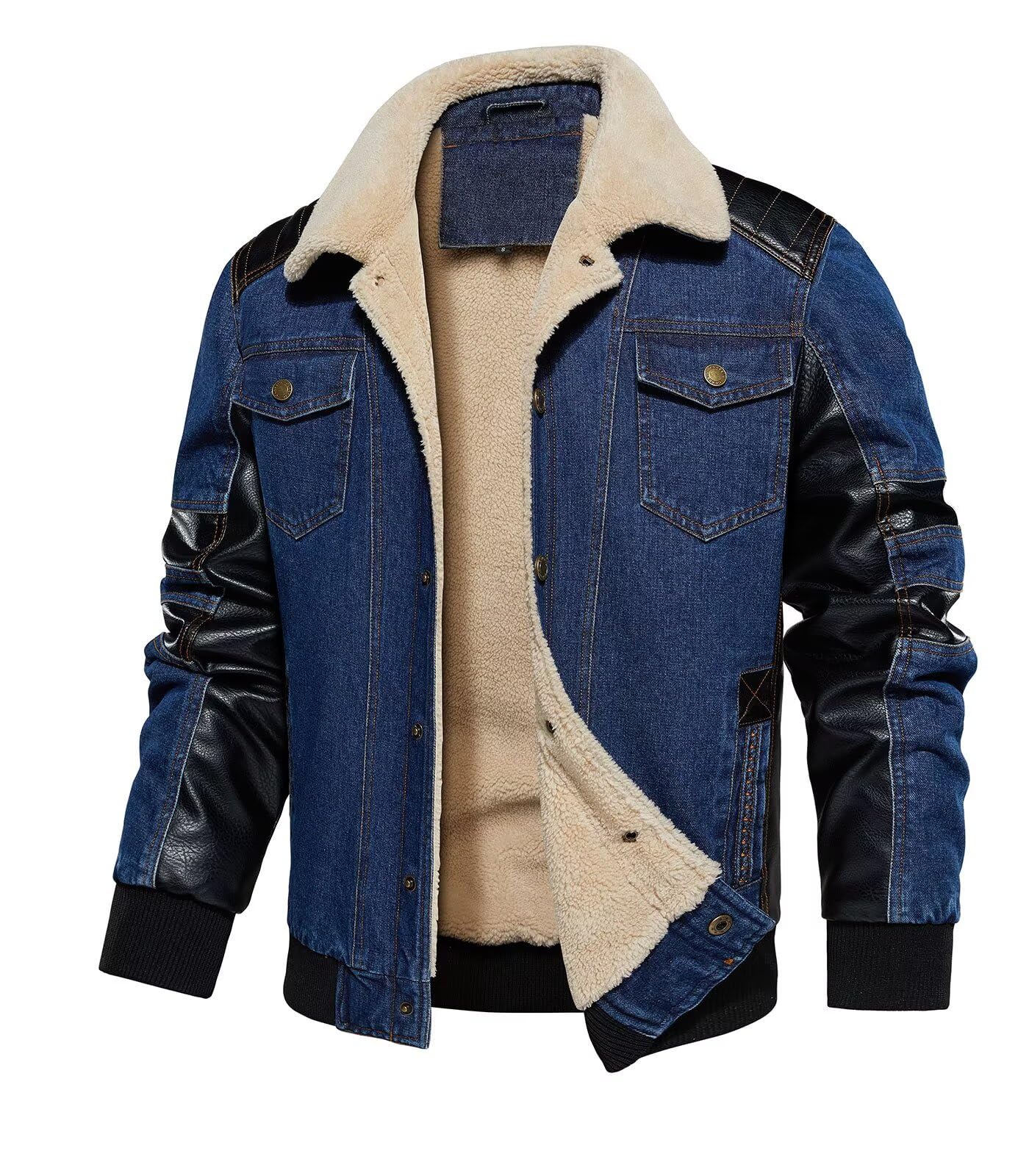 INVACHI Men's Denim Jaceket Vintage Fleece Lined Lapel Trucker Jacket with Leather Patchwork