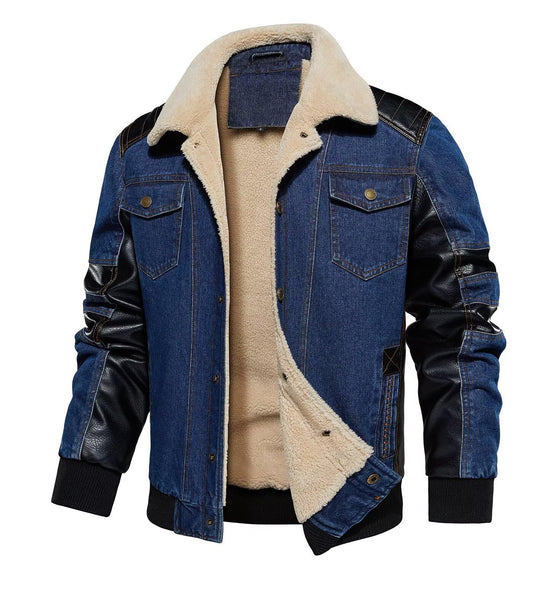 INVACHI Men's Denim Jaceket Vintage Fleece Lined Lapel Trucker Jacket with Leather Patchwork