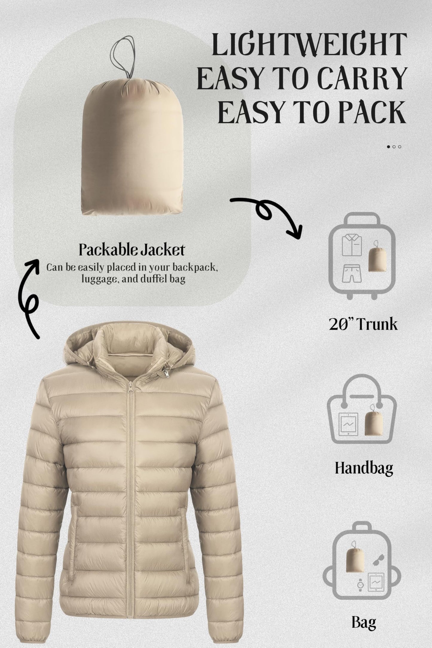 Chrisuno Winter Jackets For Women Women's Packable Puffer Jacket Lightweight Warm Quilted Coat With Detachable Hood Khaki 2XL