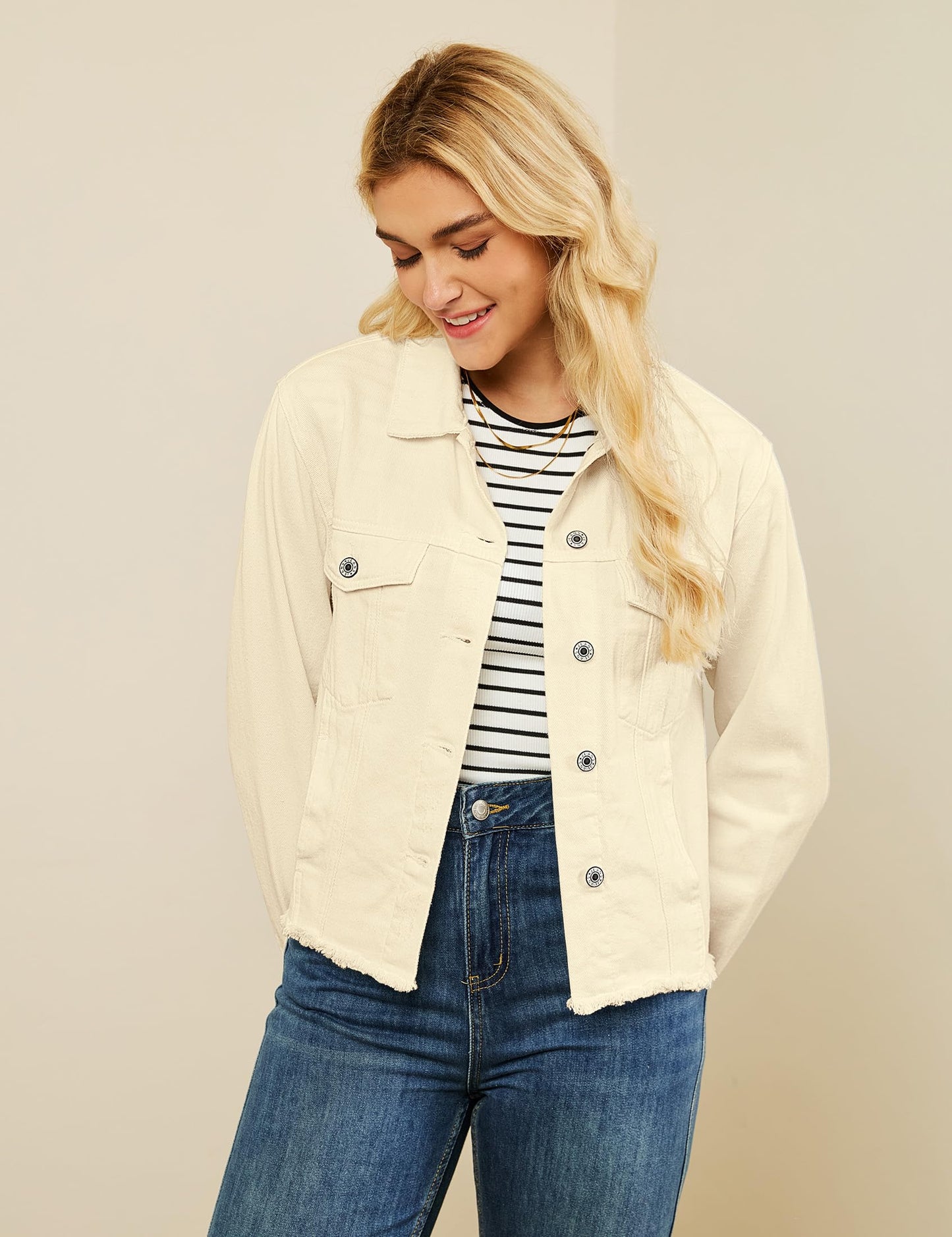 luvamia Denim Jacket for Women Distressed Jean Jackets Button Up Vintage Western Trucker Jacket Frayed Hem Pockets Vanilla Medium