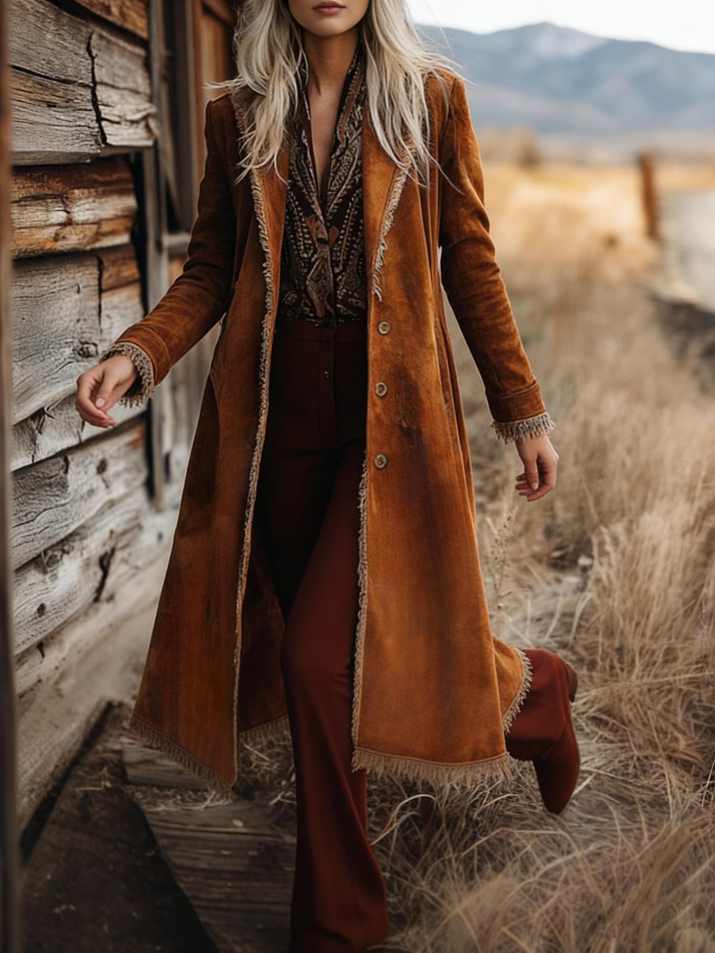 utcoco Women's Long Suede Trench Coat, Retro Western Coat with Tassel, Classic Lapel Windproof Trench Overcoat (Large, Brown)