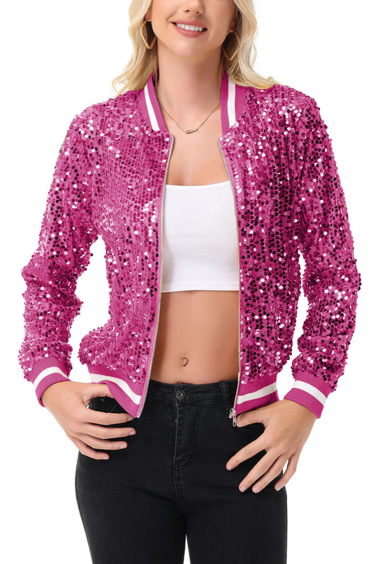 Anna-Kaci Women's Sparkly Sequin Bomber Jacket with Zipper, Hot Pink, L