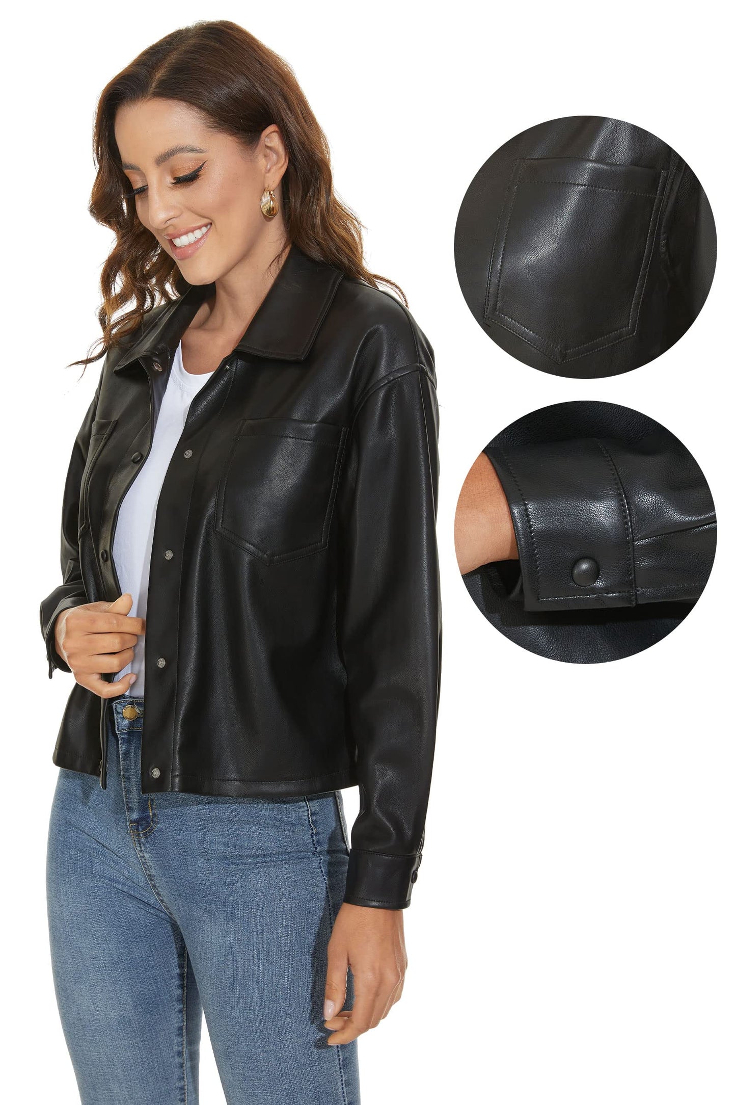 Fahsyee Women Faux Leather Blazer, Moto Biker Short Shirts Loose Fit Shacketwith Long Sleeves Button Casual Jacket Black Plus Size L