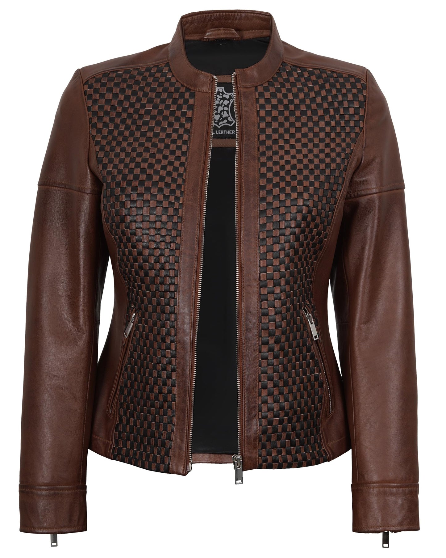 fjackets Real Lambskin Leather Cropped Jacket Long Sleeve Bolero Style Collarless Women Jackets - Maude Brown Leather Jacket Women | [1311535] XL