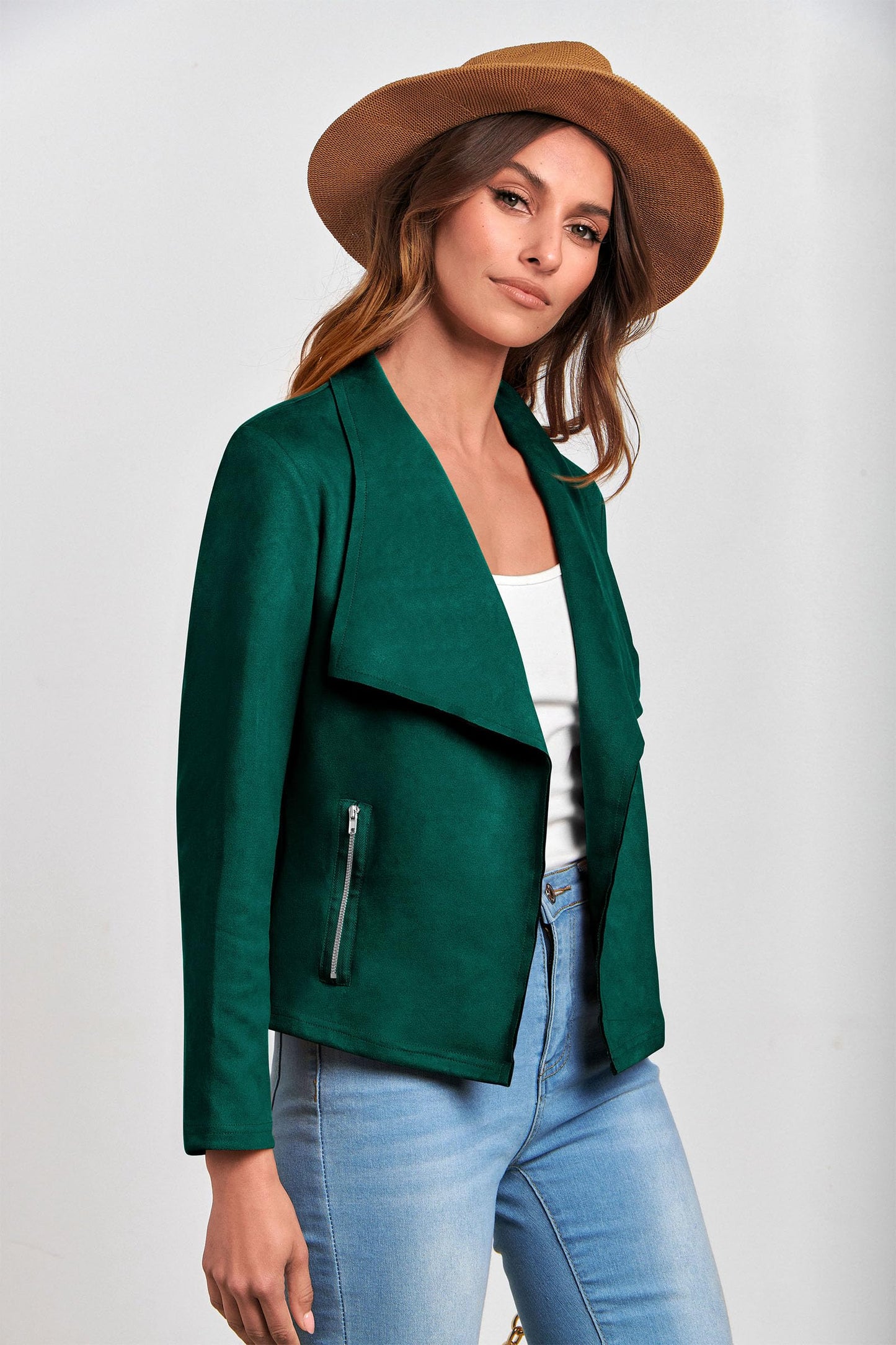 PRETTYGARDEN Women's Faux Suede Jackets 2026 Fashion Fall Clothes Long Sleeve Open Front Cropped Coat Outwear (Dark Green,Large)