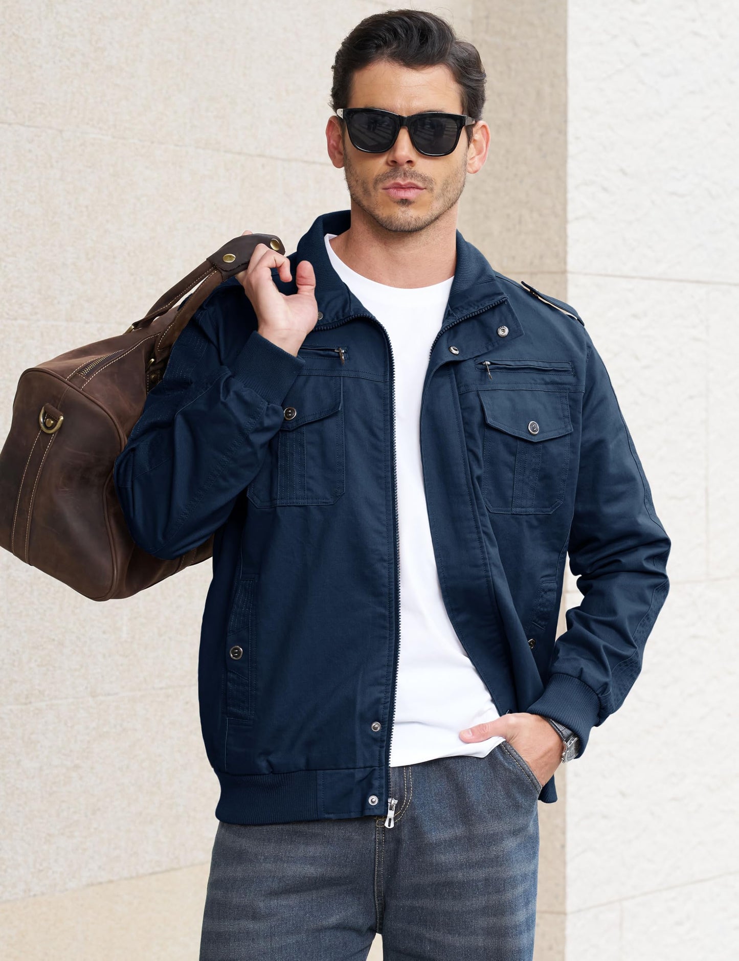 EKLENTSON Bomber Jacket for Men Military Fall Lightweight Windbreaker Flying Cargo Jacket Denim Blue M