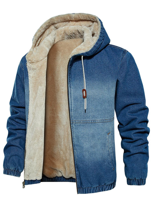 HOOD CREW Men’s Winter Jacket Thick Faux Fleece Lined Coat Fashion Denim Jackets with Hood Blue S