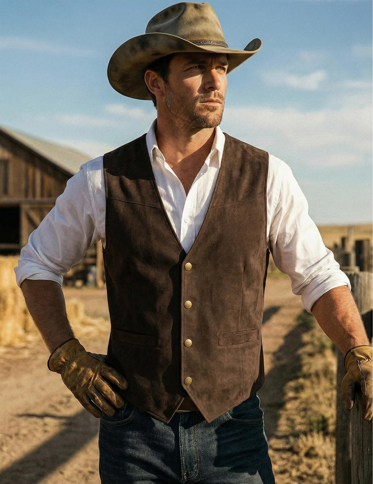 COOFANDY Mens Cowboy Vest Casual Brown Vest Suede Leather Vest Casual Western Wear