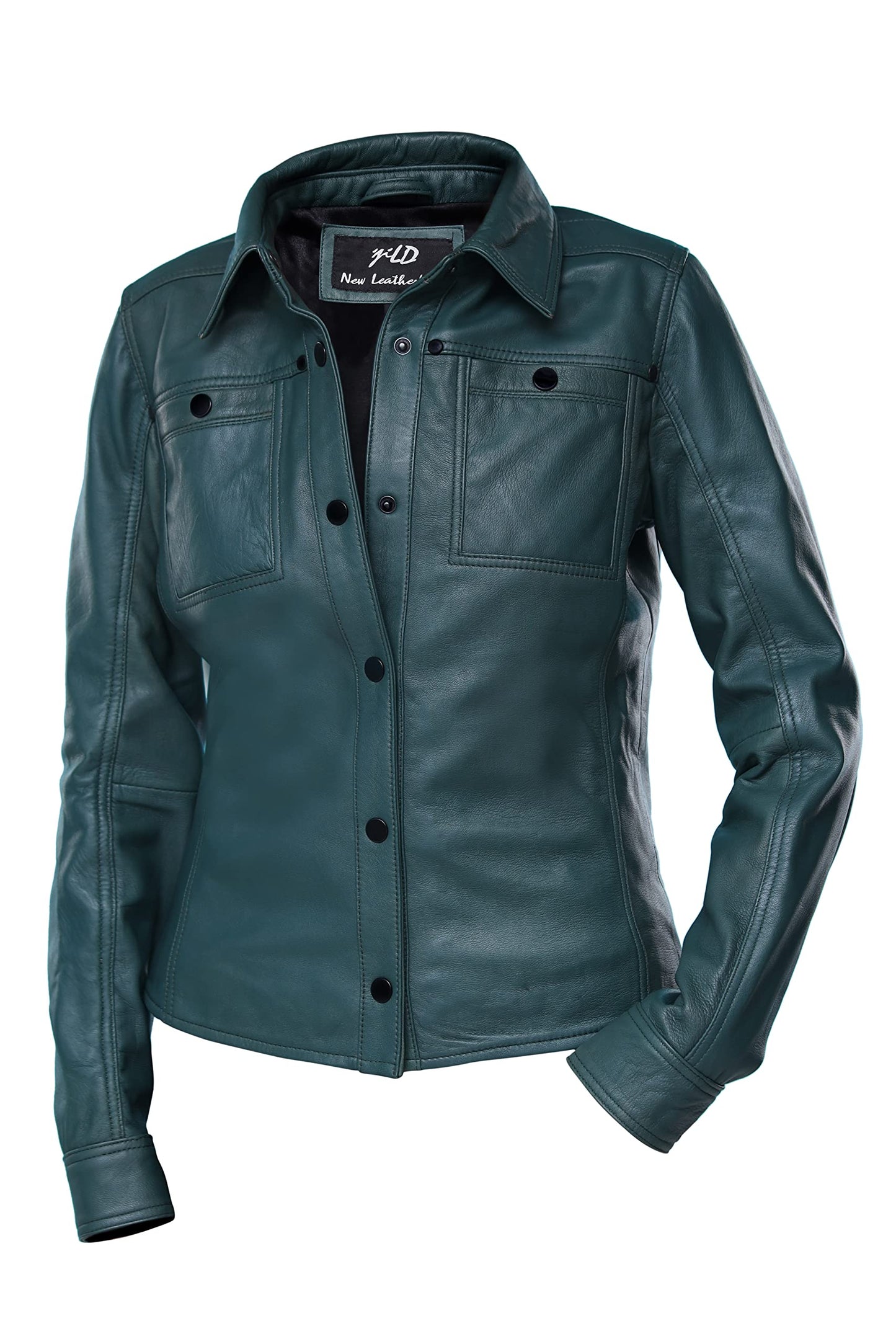 Jild Womens Button Front Lambskin Leather Jacket Shacket - Casual Shirt Long Sleeve Leather Jacket Women with Bust Pocket (Green-L)