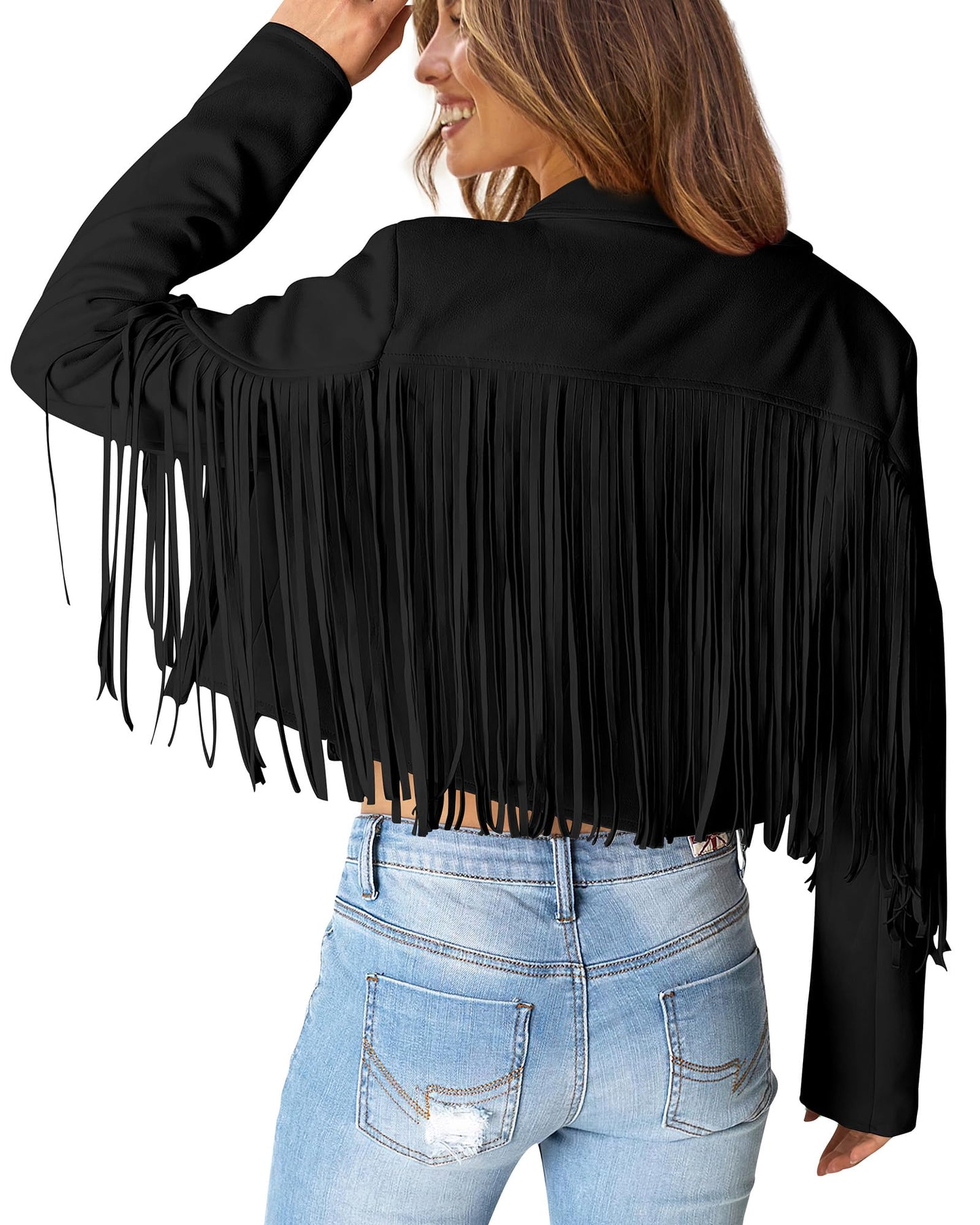 PRETTYGARDEN Women's Fringe Faux Suede Leather Jackets Fall Fashion 2025 Tassel Motorcycle Cropped Coats (Black,X-Large)