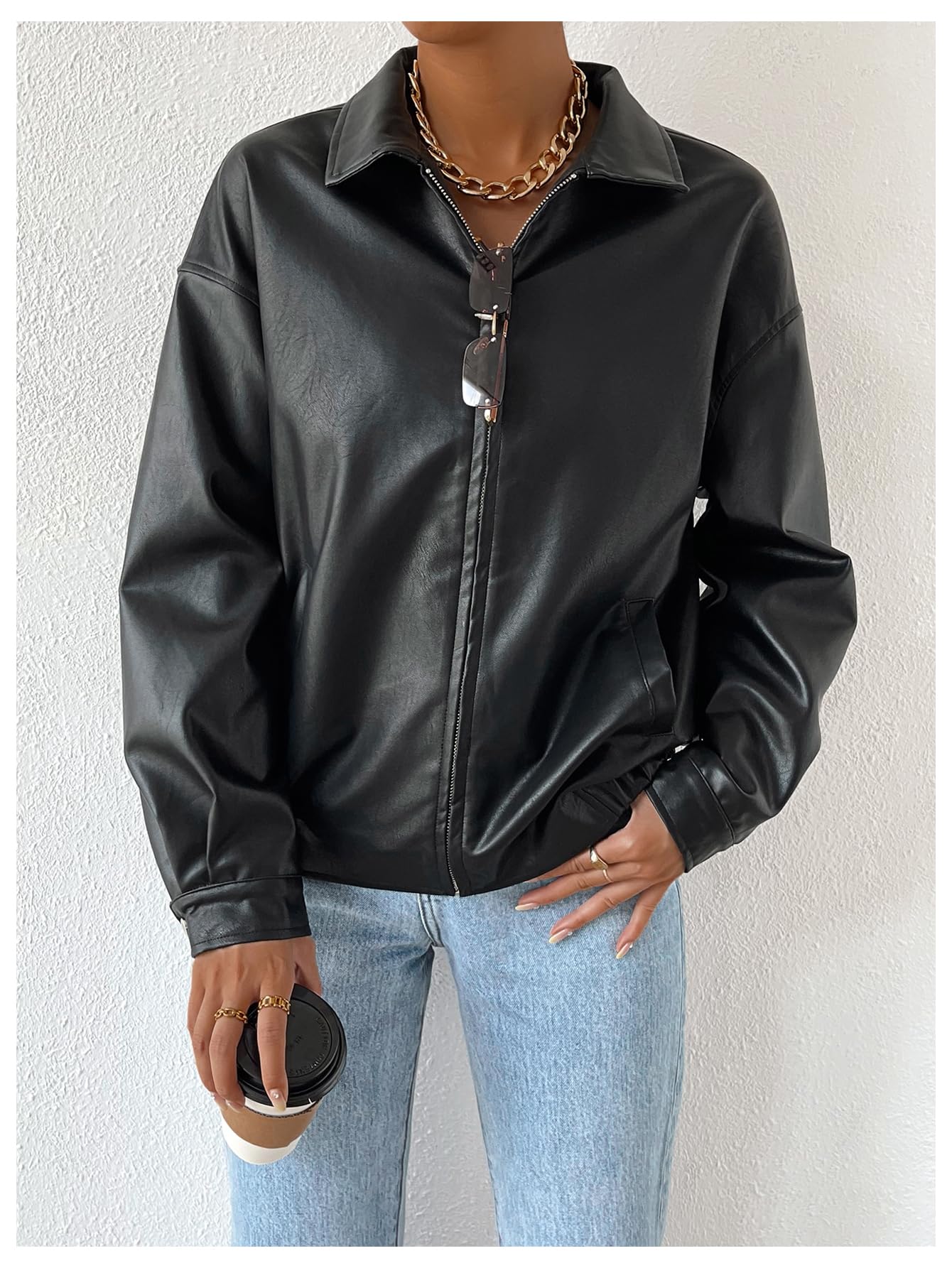 MakeMeChic Women's Faux Leather Shacket Long Sleeve Zip Up Motorcycle Jacket Biker Coat Black XS