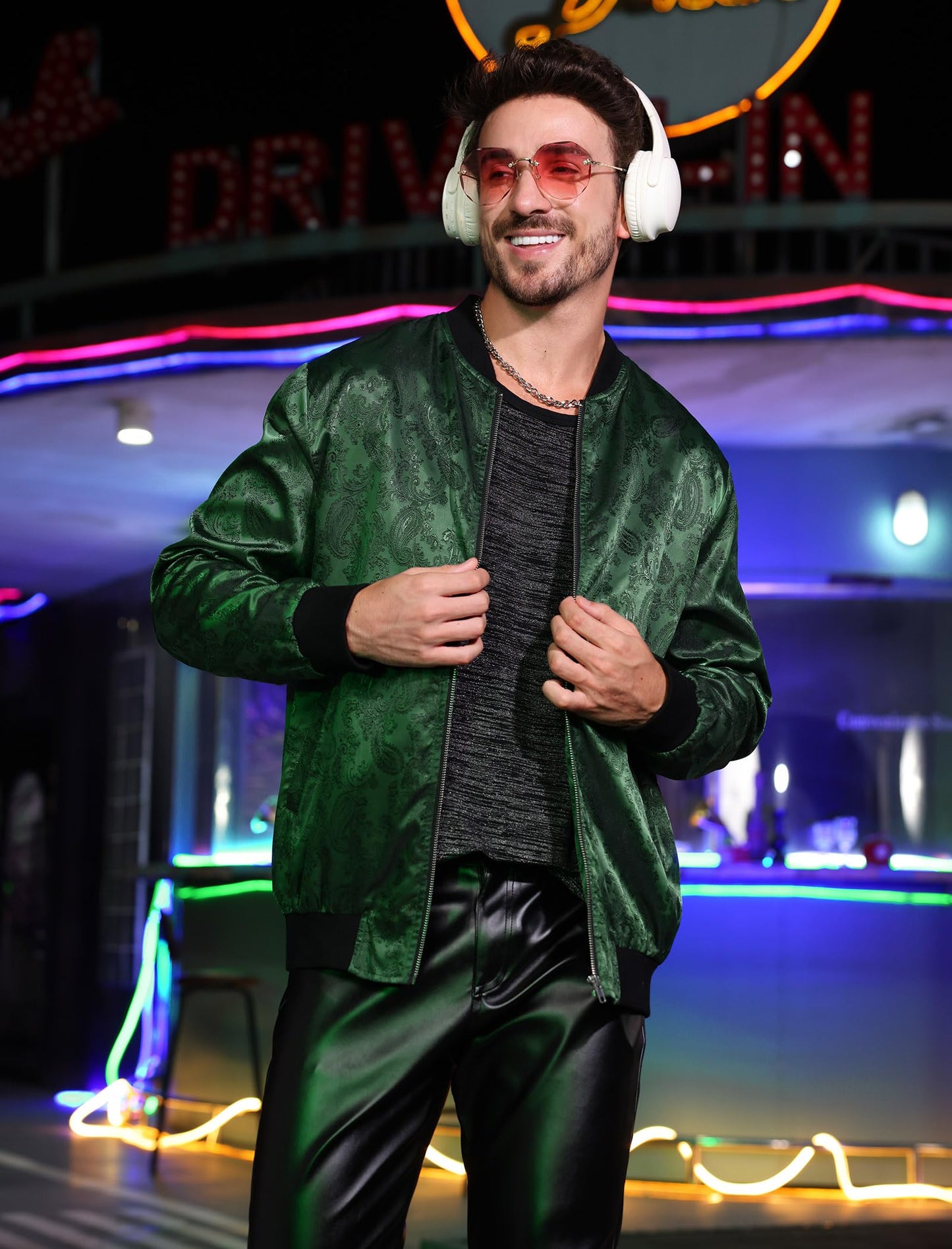 OLEMEK Men's Bomber Jacket Long Sleeve Zipper Paisley Floral Jacket Lightweight Casual Windbreaker Night Party Nightclub Jackets Dark Green XL