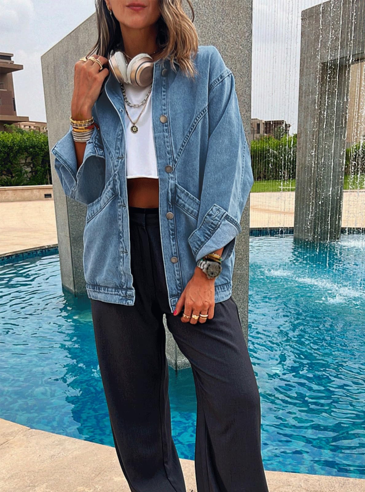 MJFCS YAENH Women's Casual Oversized Button Up Denim Jackets Shacket Long Sleeve Pockets Denim Jean Jacket with Huge Pockets(Blue,L)
