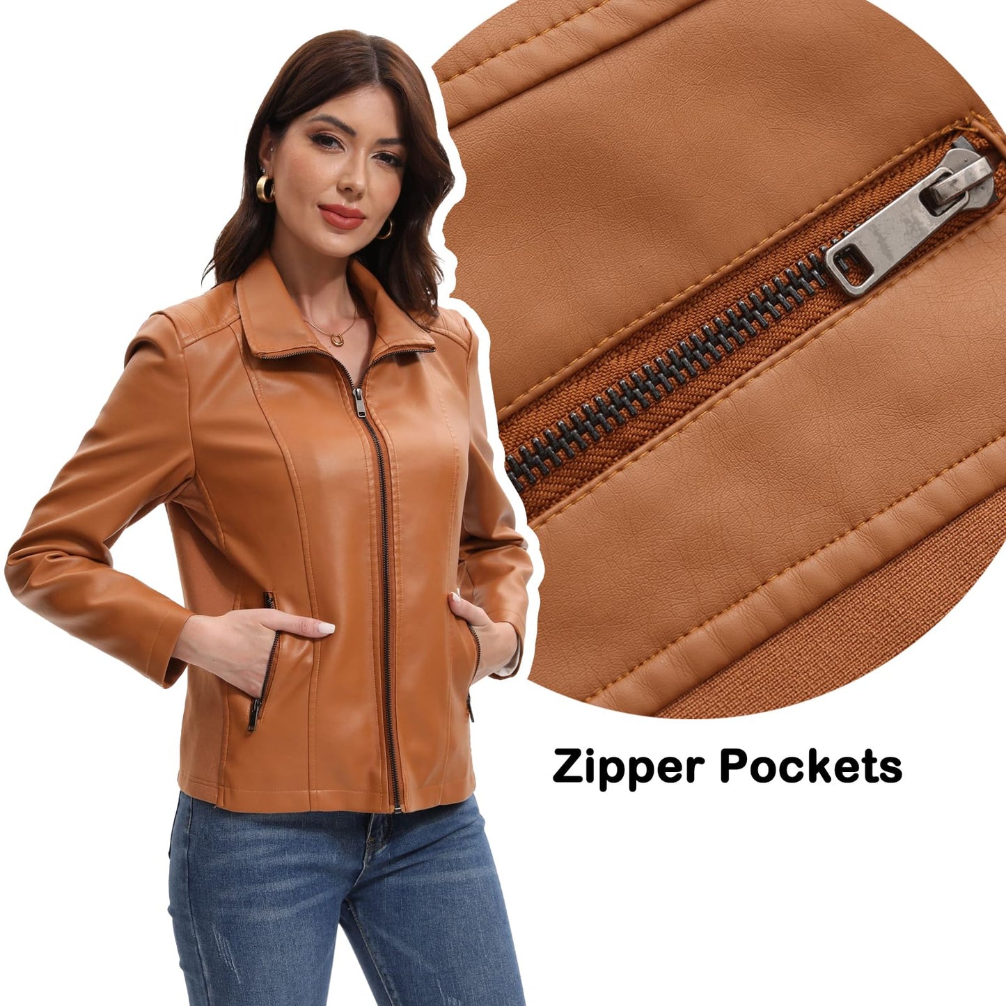 Faux Leather Jacket for Women Motorcycle Fashion Zip Up Coat Trendy Going Out Jackets (Camel,Medium)