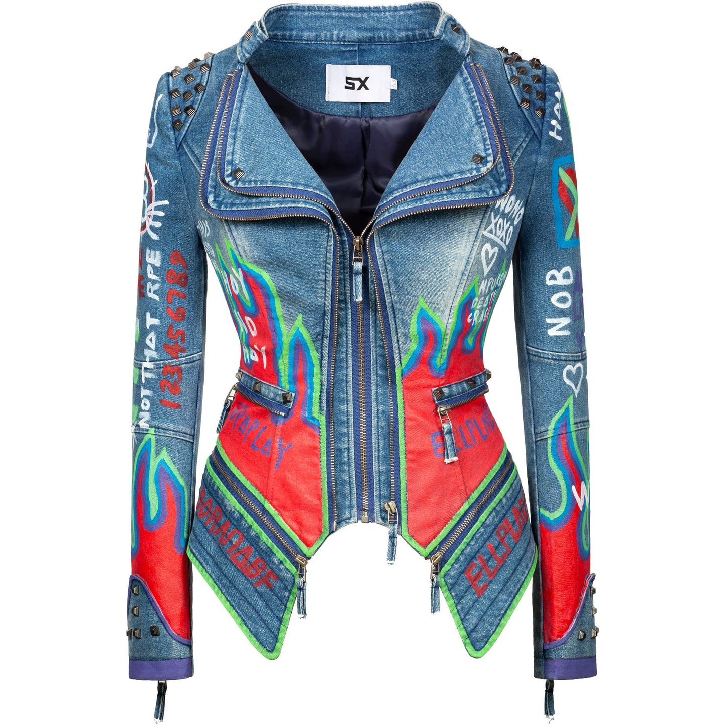 Fashion SX Women's Punk Floral Embroidered short Faux Leather Jacket Hand-painted Moto PU Coat （Blue-S