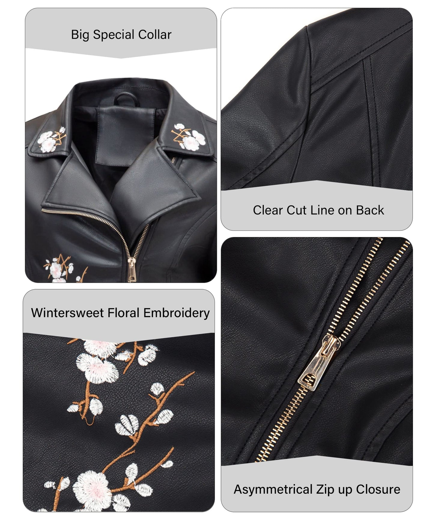 Bellivera Women's Faux Leather Embroidered Casual Lapel Jacket Floral Lightweight Moto Biker Coat for Spring Fall 1702021 Black M