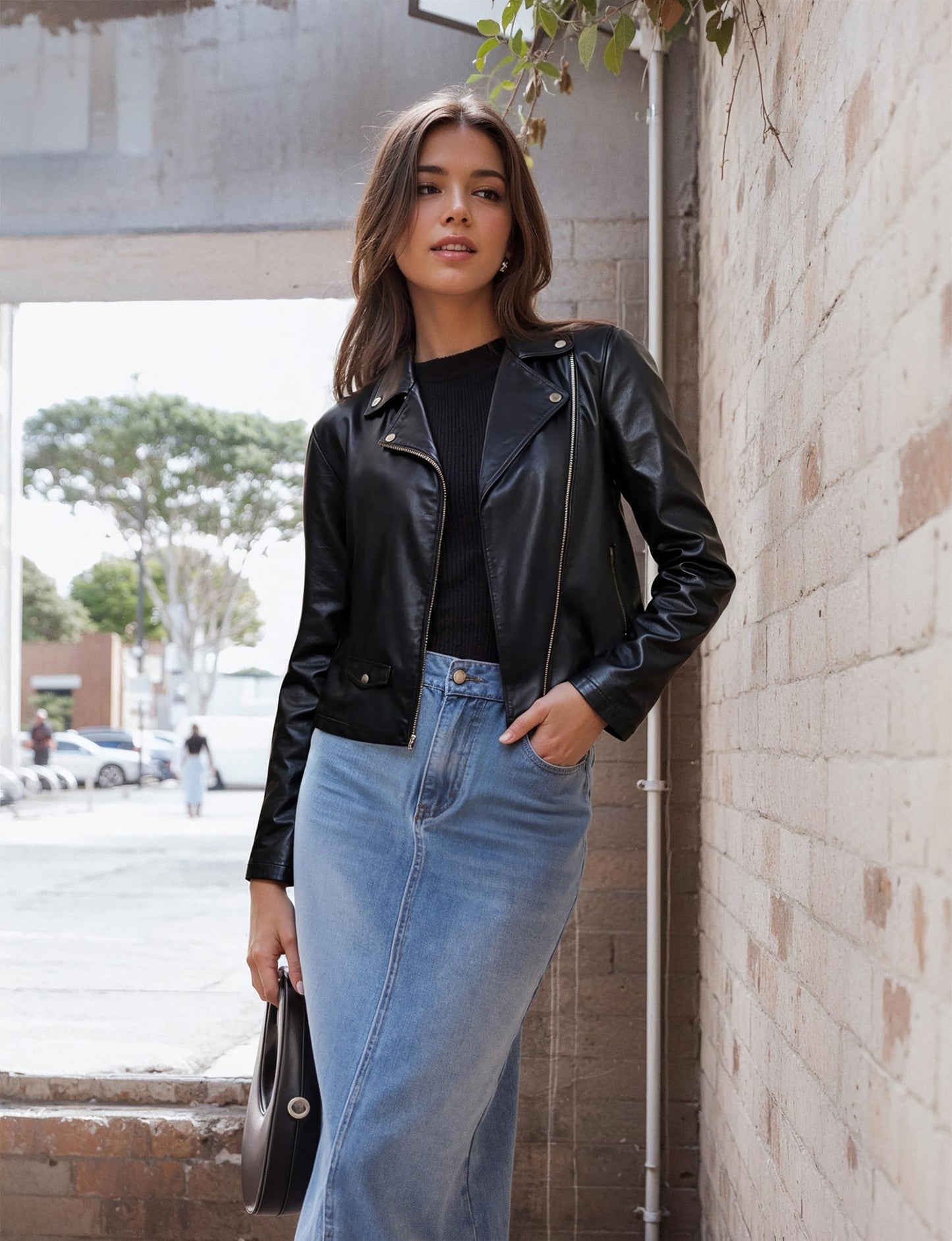 Olivia Miller Women's Faux Leather Moto Biker Jacket Long Sleeve Zip Jacket JK5208 BLACK XL