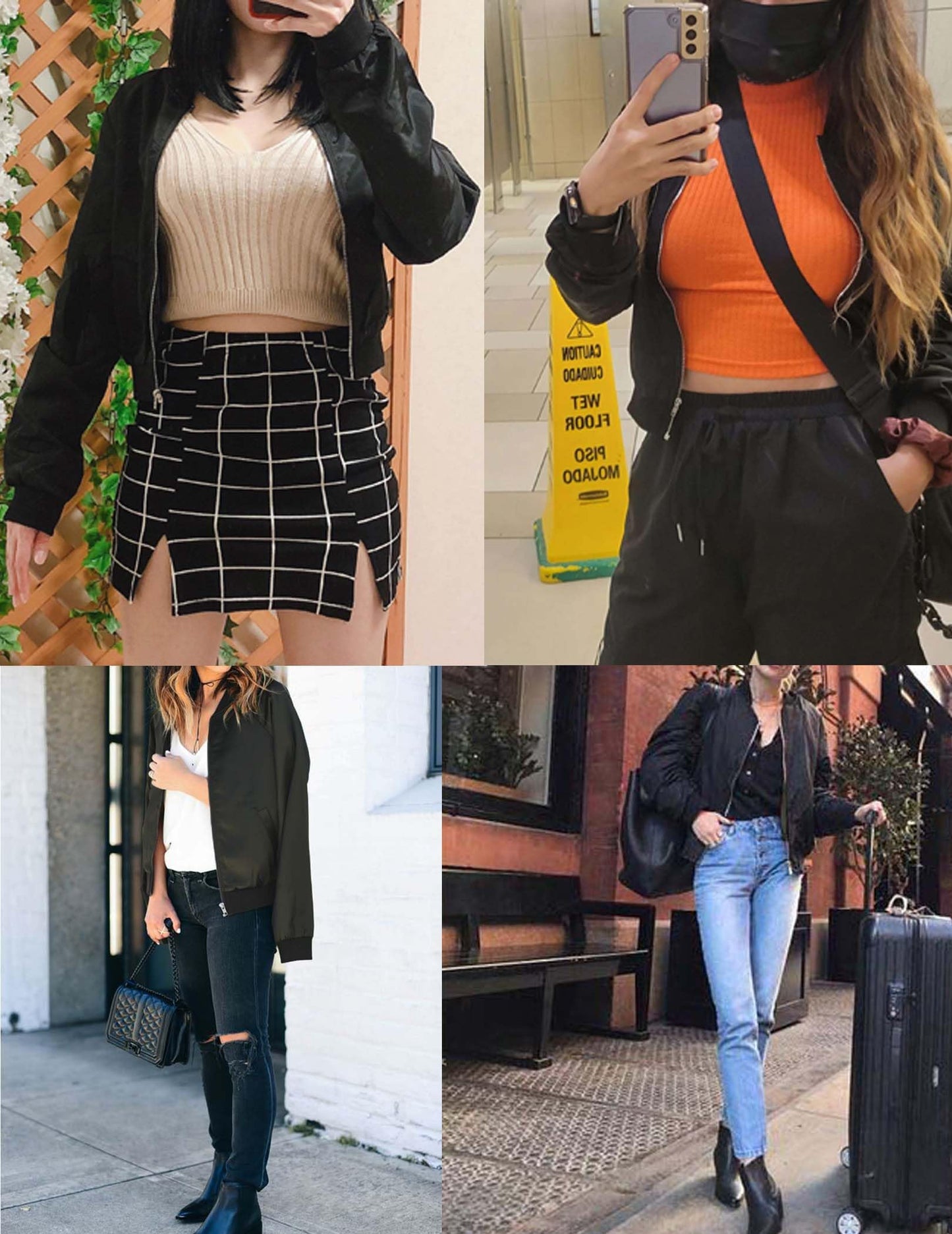 Zeagoo Jackets for Women Classic Solid Striped Biker Jacket Zip Up Fashion Bomber Jacket Coat Pure Black X-Large