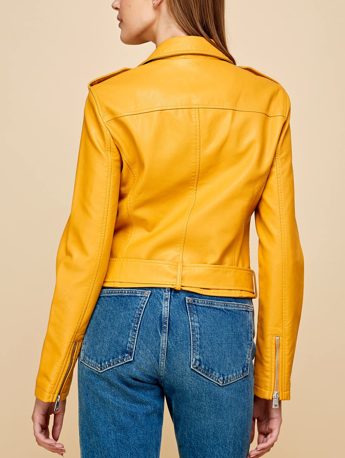 Lock and Love LL WJC1849 Women's Asymmetrical Faux Lether Belted Moto Jacket L MUSTARD