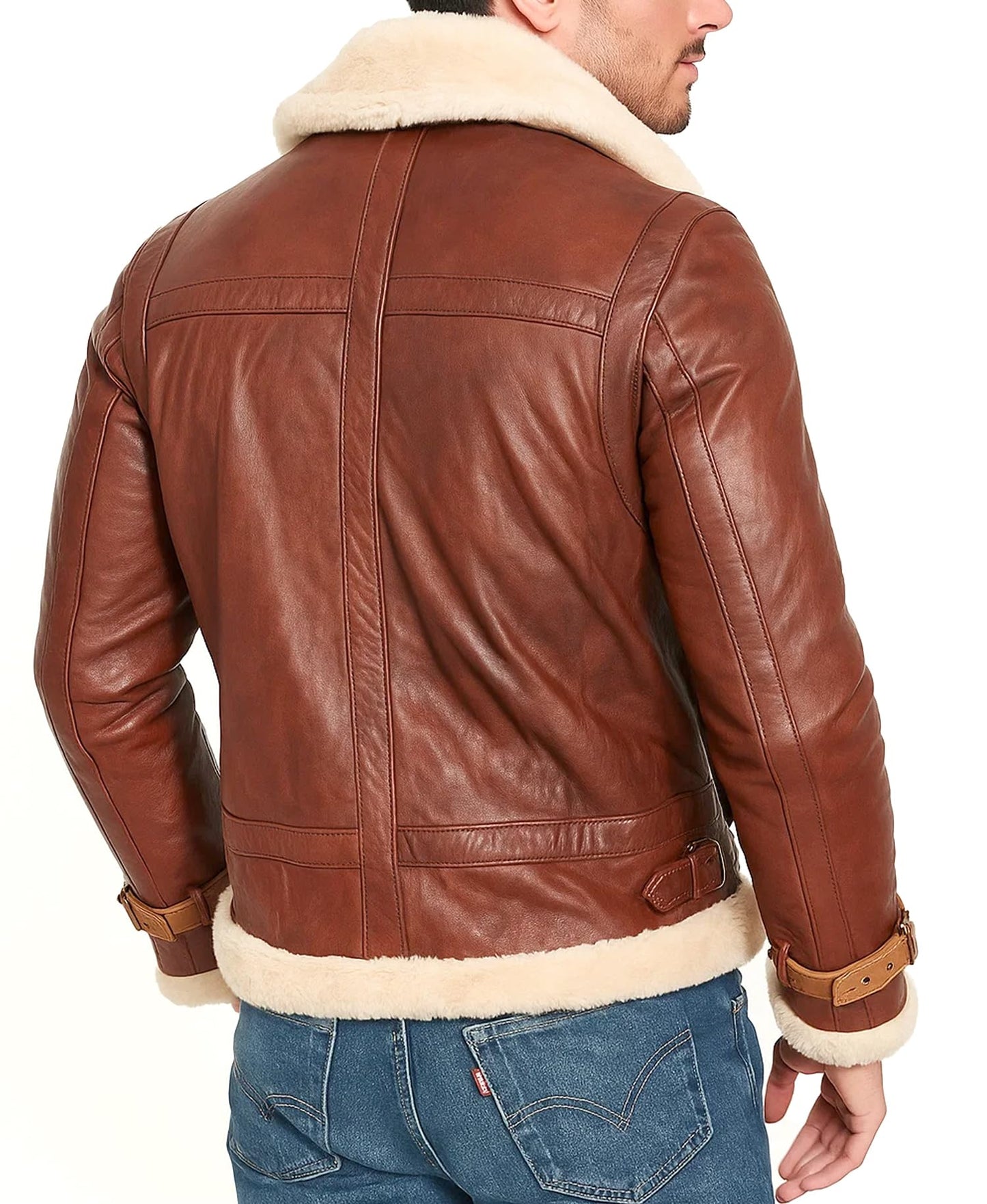 Mens B3 RAF Aviator Flight Pilot Bomber Sheepskin Leather Jacket - Flying Fur Shearling Brown Leather Jacket