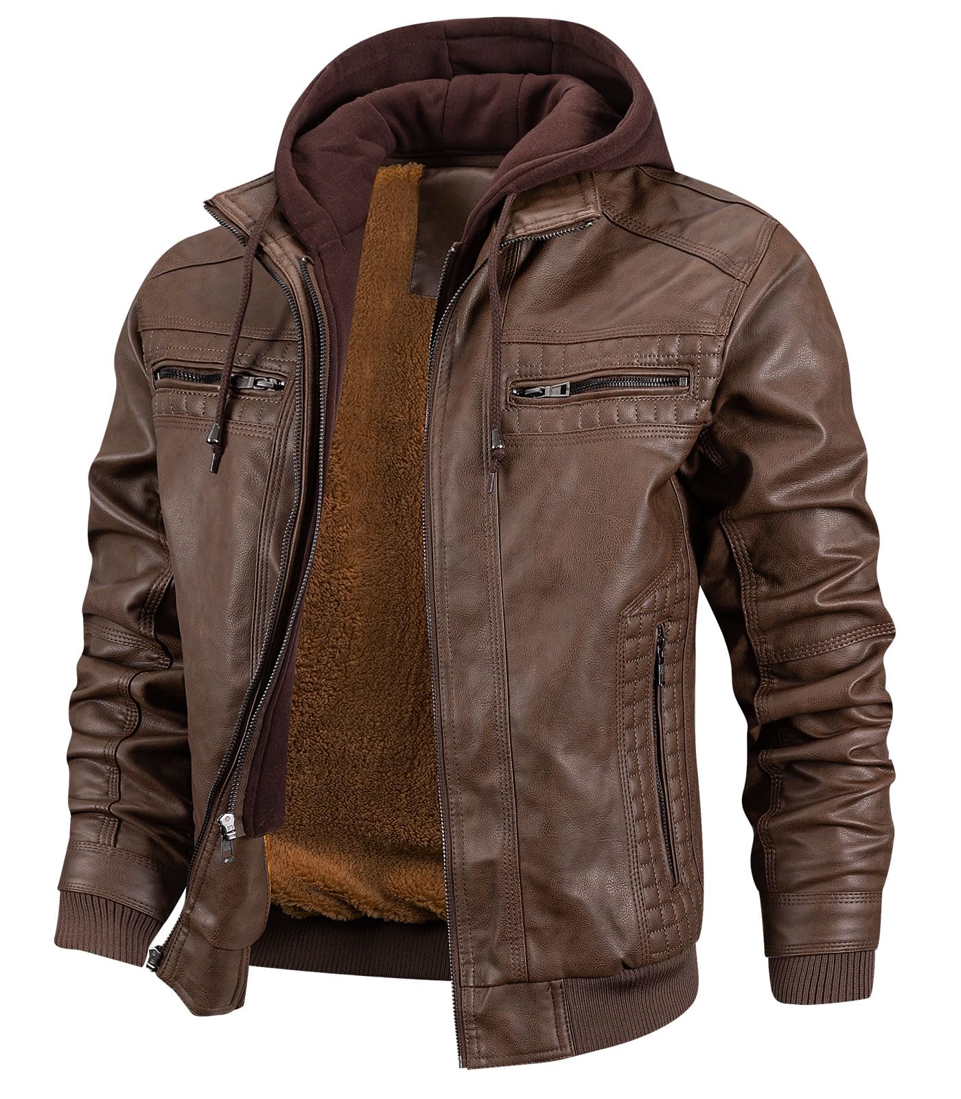 INVACHI Men's Faux Leather Motorcycle Jacket with Removable Hood Windproof Vintage PU Biker Bomber Coat with Fleece Lining