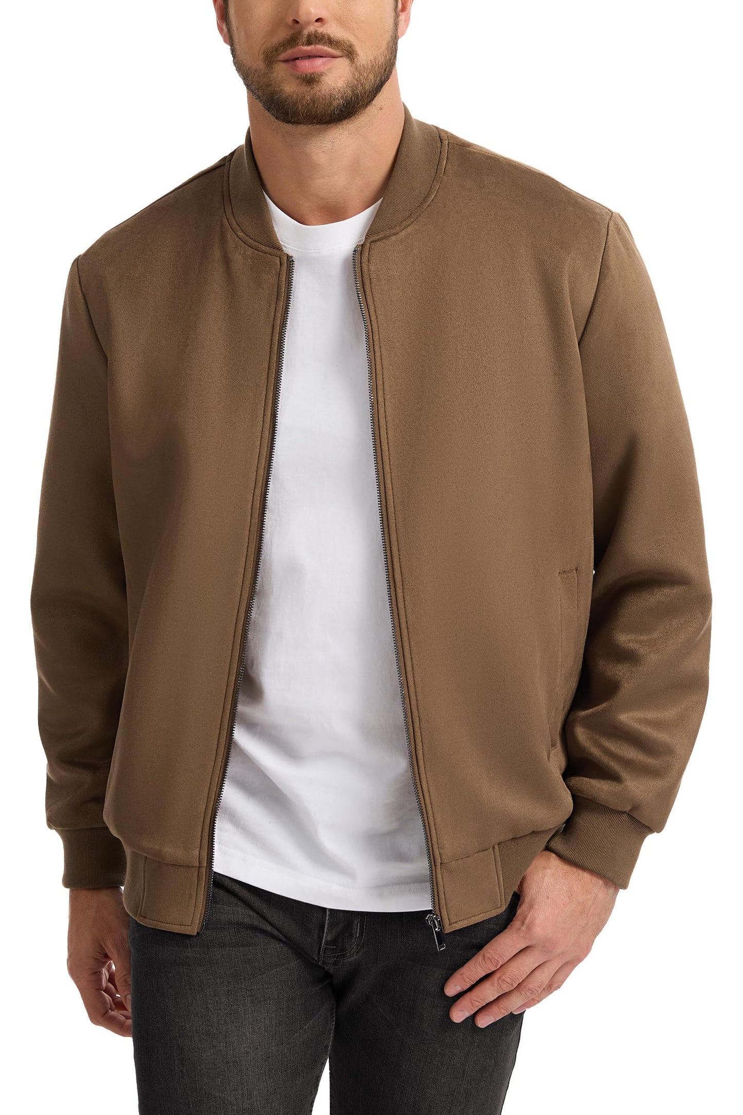 Fahsyee Men's Faux Suede Bomber Jacket, Casual Lightweight Varsity Style Full Zip Up Leather Coat Brown L