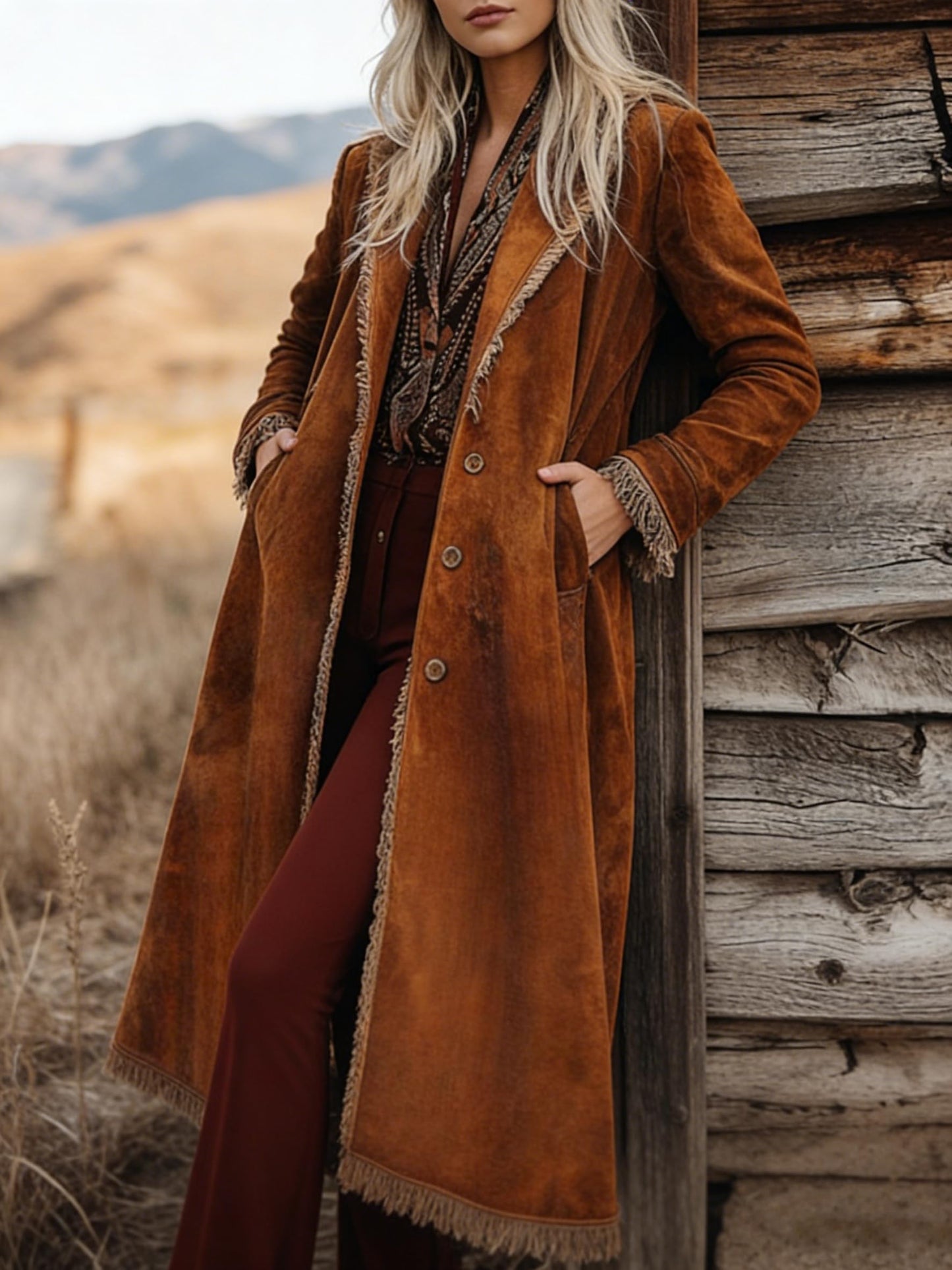 utcoco Women's Long Suede Trench Coat, Retro Western Coat with Tassel, Classic Lapel Windproof Trench Overcoat (Large, Brown)