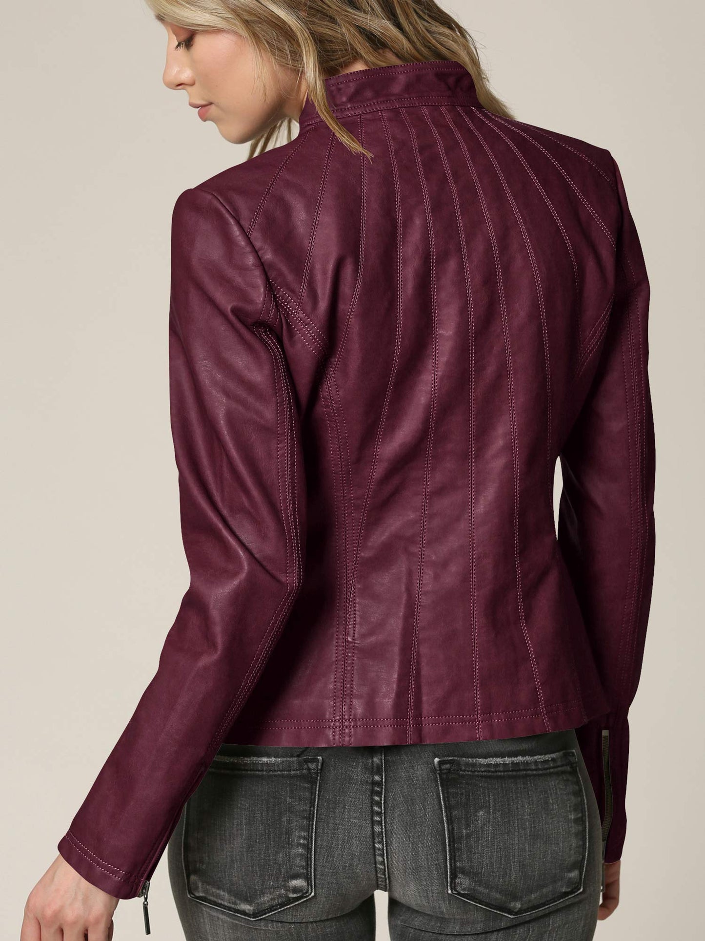 Lock and Love LL WJC877 Womens Panelled Faux Leather Moto Jacket M Wine