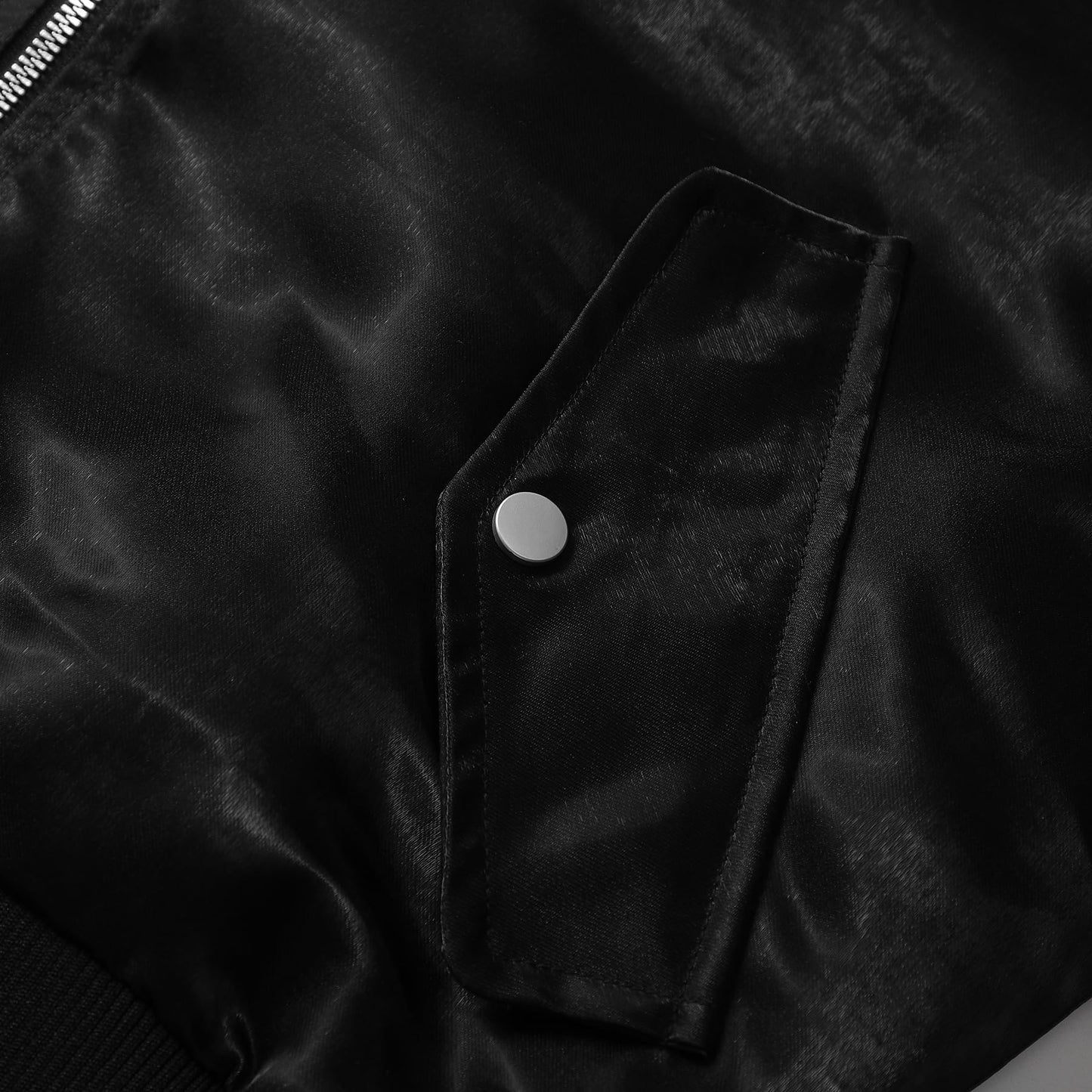 BYBNOLL Men's Satin Bomber Jacket Full Zip Flight Coat with Sleeve Pocket (Black,L)