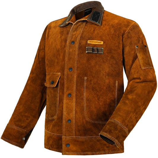 ARCCAPTAIN Leather Welding Jacket, Heavy Duty Welder Jackets with Flame Resistant Split Cowhide Leather, Welding Coat for Men Women