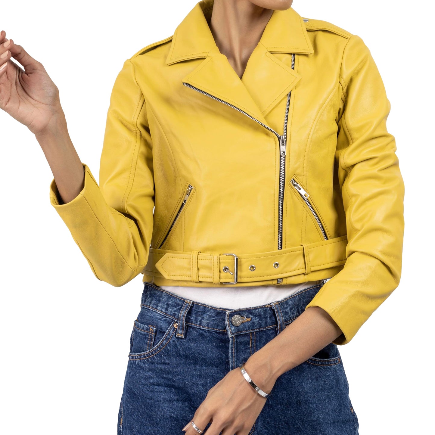 Jild Cropped Leather Jacket Women Lapel Asymmetric Zip Up Moto Biker Short Coat with Belt (CW-Yellow-S)