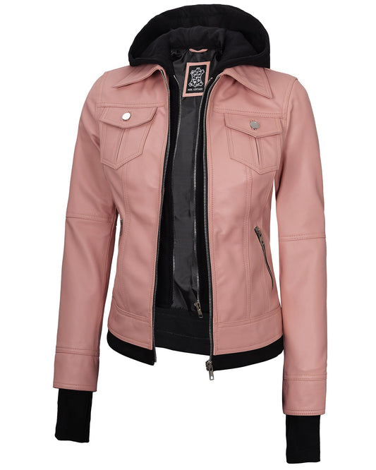 Blingsoul Real Leather Jacket Women- Black Leather Jacket for Women | [1323873] Betty Hooded Pink, M