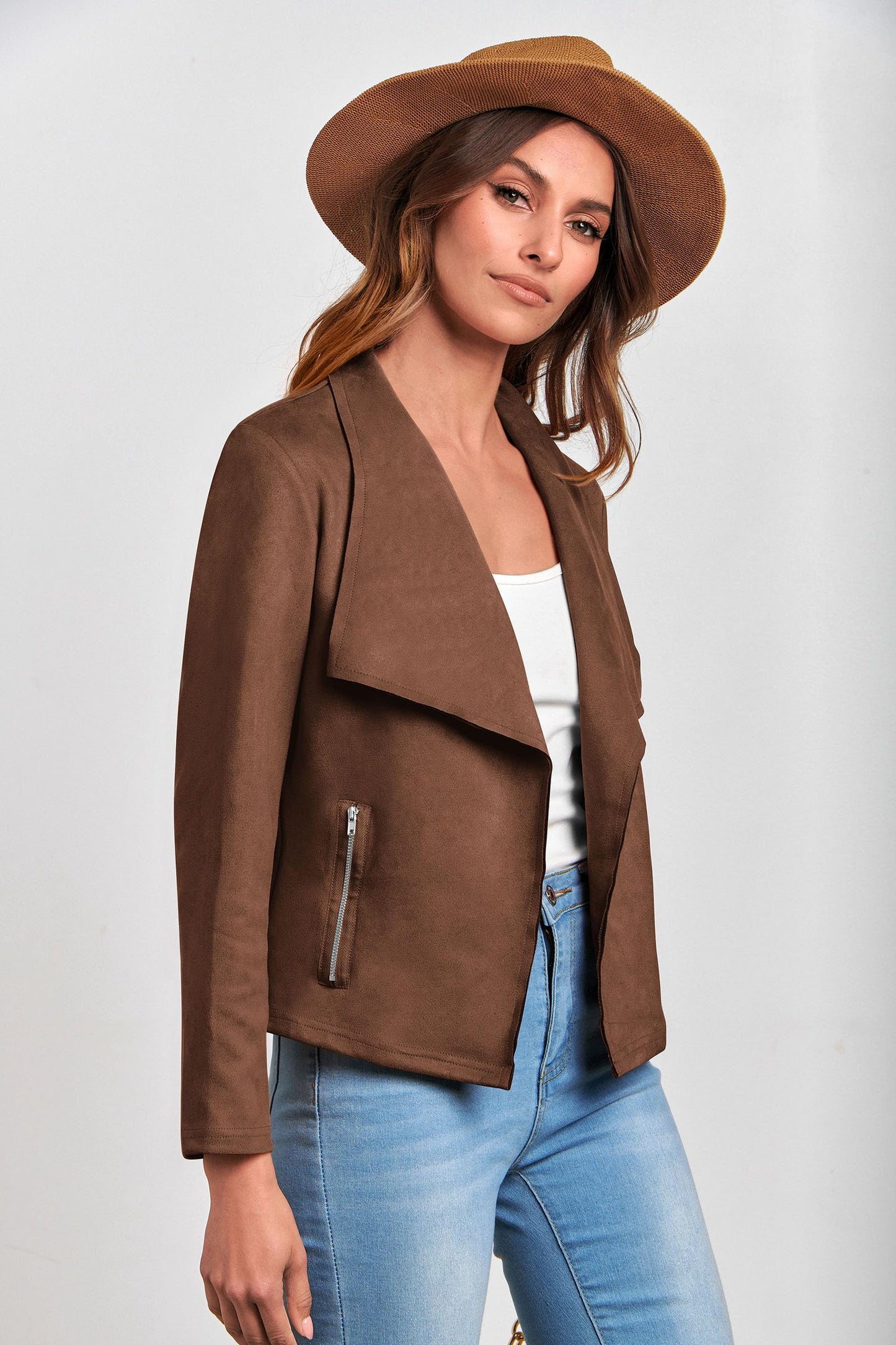 PRETTYGARDEN Women 2026 Fashion Fall Coats Outerwear Long Sleeve Open Front Crop Faux Suede Leather Jackets (Coffee,Large)