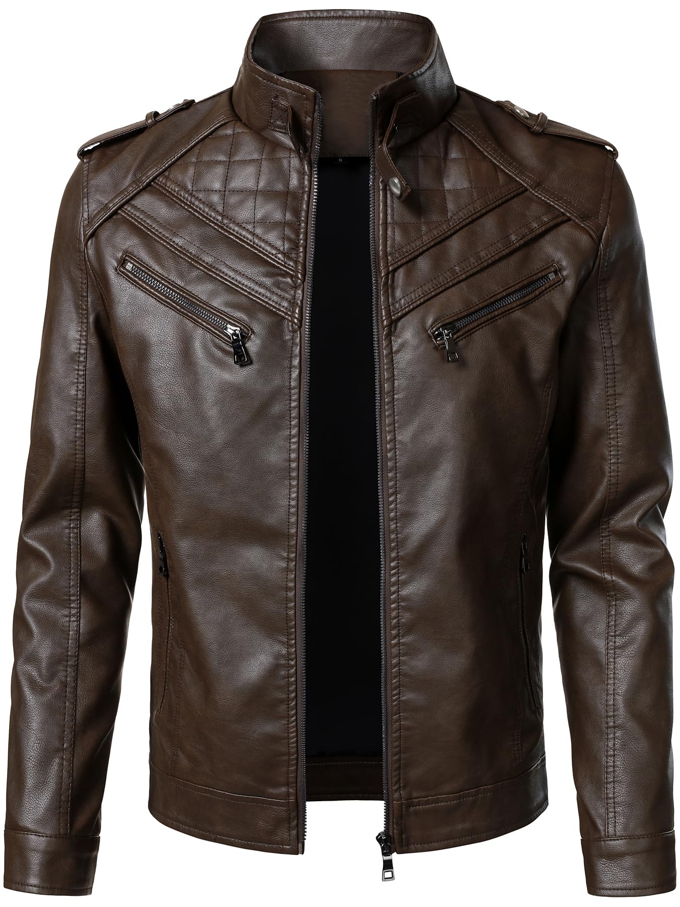 HOOD CREW Men’s Faux Leather Jackets Vintage Biker Motorcycle Jacket for Men Coffee L