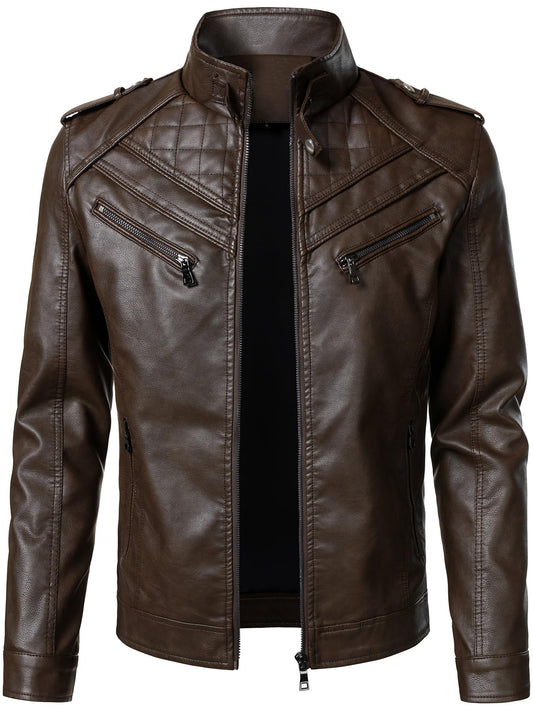 HOOD CREW Men’s Faux Leather Jackets Vintage Biker Motorcycle Jacket for Men Coffee L