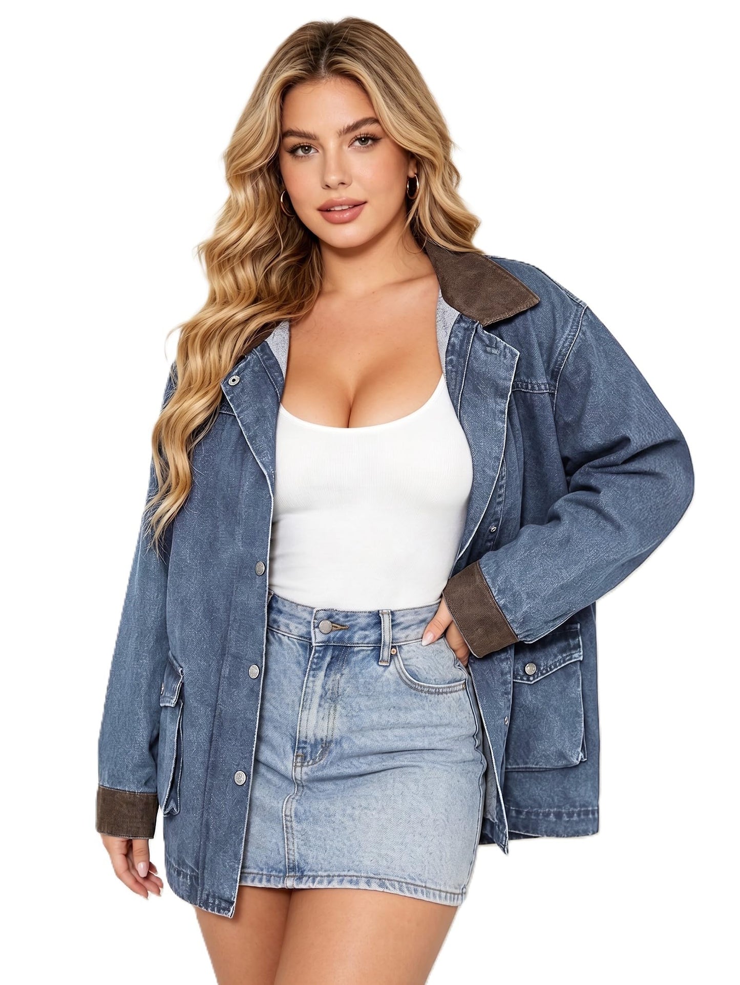 EMMIOL 025 Oversized Jean Jacket Women, Y2K Denim Fall Jackets Coat Vintage Trendy Relaxed Fit,Light Blue+L