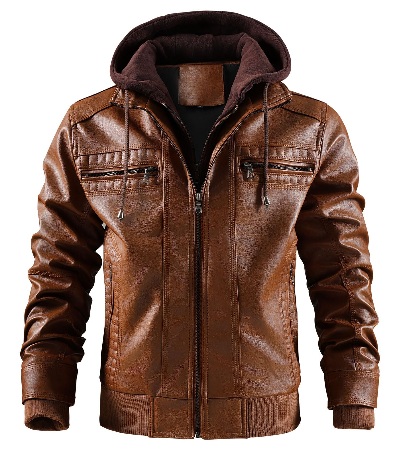 INVACHI Men's Faux Leather Motorcycle Jacket with Removable Hood